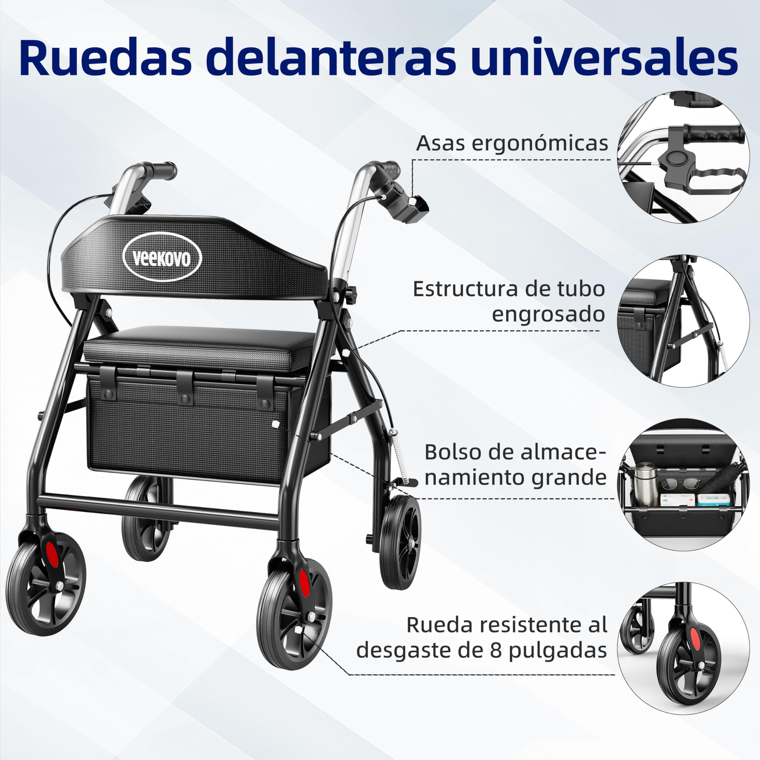 Andador plegable y ligero con asiento, Caminador de ruedas con frenos, Bolso, Ayuda para caminar plegable, Ruedas de goma grandes de 20 cm para todo el terreno. (DW4)