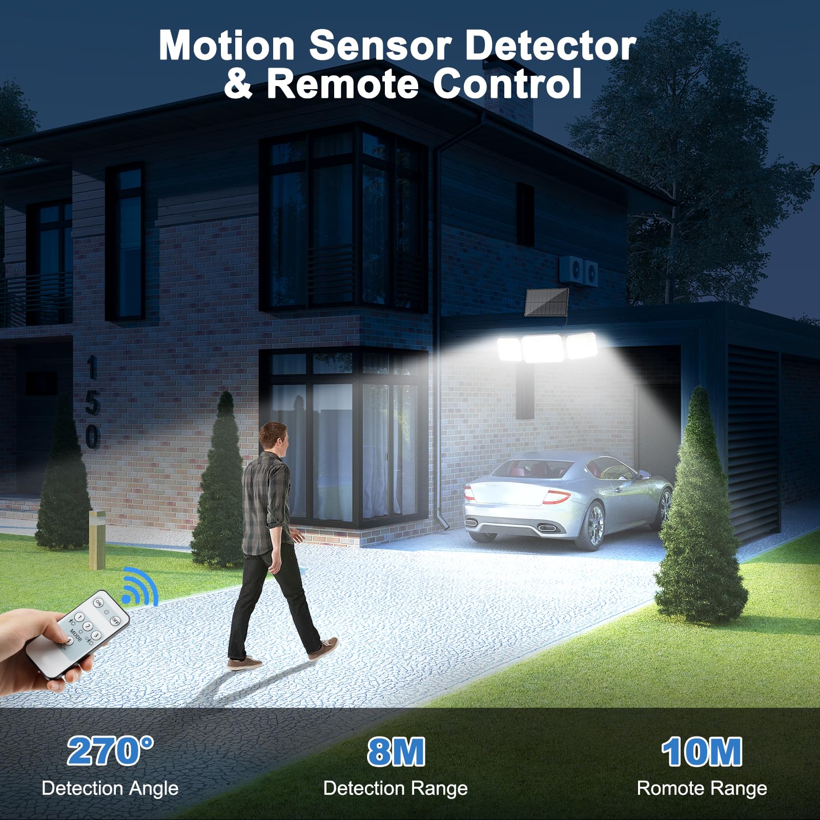 Luz Solar Exterior con Sensor de Movimiento, Focos LED Solares con Control Remoto 4 Modos 2000mAh IP67 Impermeable, Lampara Solar Exterior para Jardín, 2 Piezas