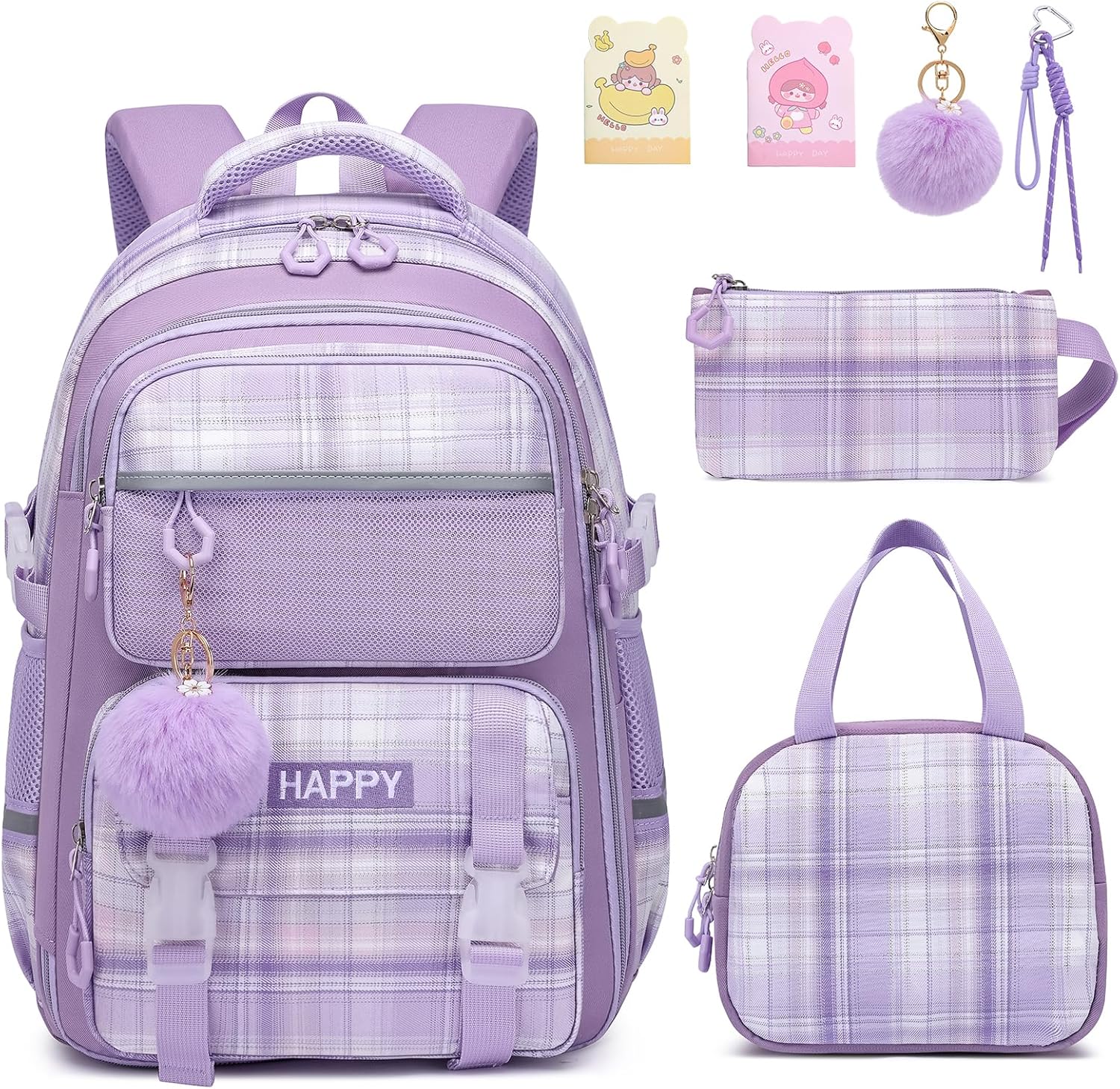 WYCY Backpack for Girls | 3PCS School Bag with Lunch Bag Pencil Case | Cute Kids Teens Bookbag for Elementary Middle School, Purple