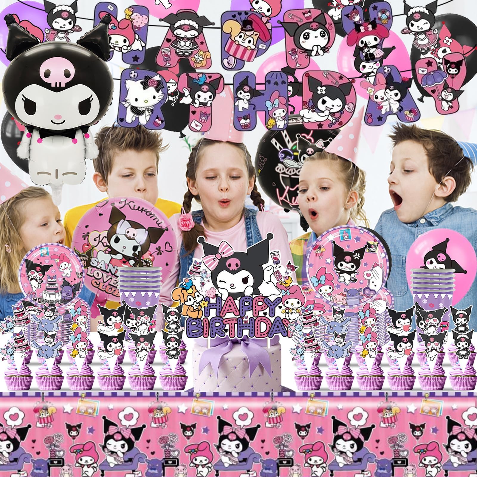 78pcs Kurom Birthday Party Decoration,Kurom Party Tableware Decoration,Compleanno Party Decoration,Accessori inclusi tazza,Plates, Lattice Palloncini etc,Decorativi per Compleanno Ragazze