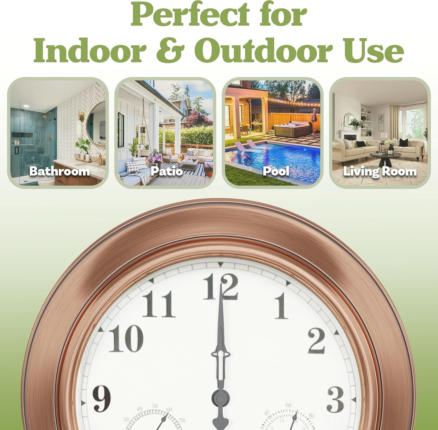 Pure Garden Indoor Outdoor Clock Thermometer Combo - Waterproof Outdoor Wall Clock with Temperature and Humidity - Silent Battery Operated Quartz Clock for Bathroom Patio or Pool