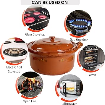 Ancient Cookware, Mexican Clay Lidded Cazuela Pot, Jumbo, Terracotta, 12 Quarts