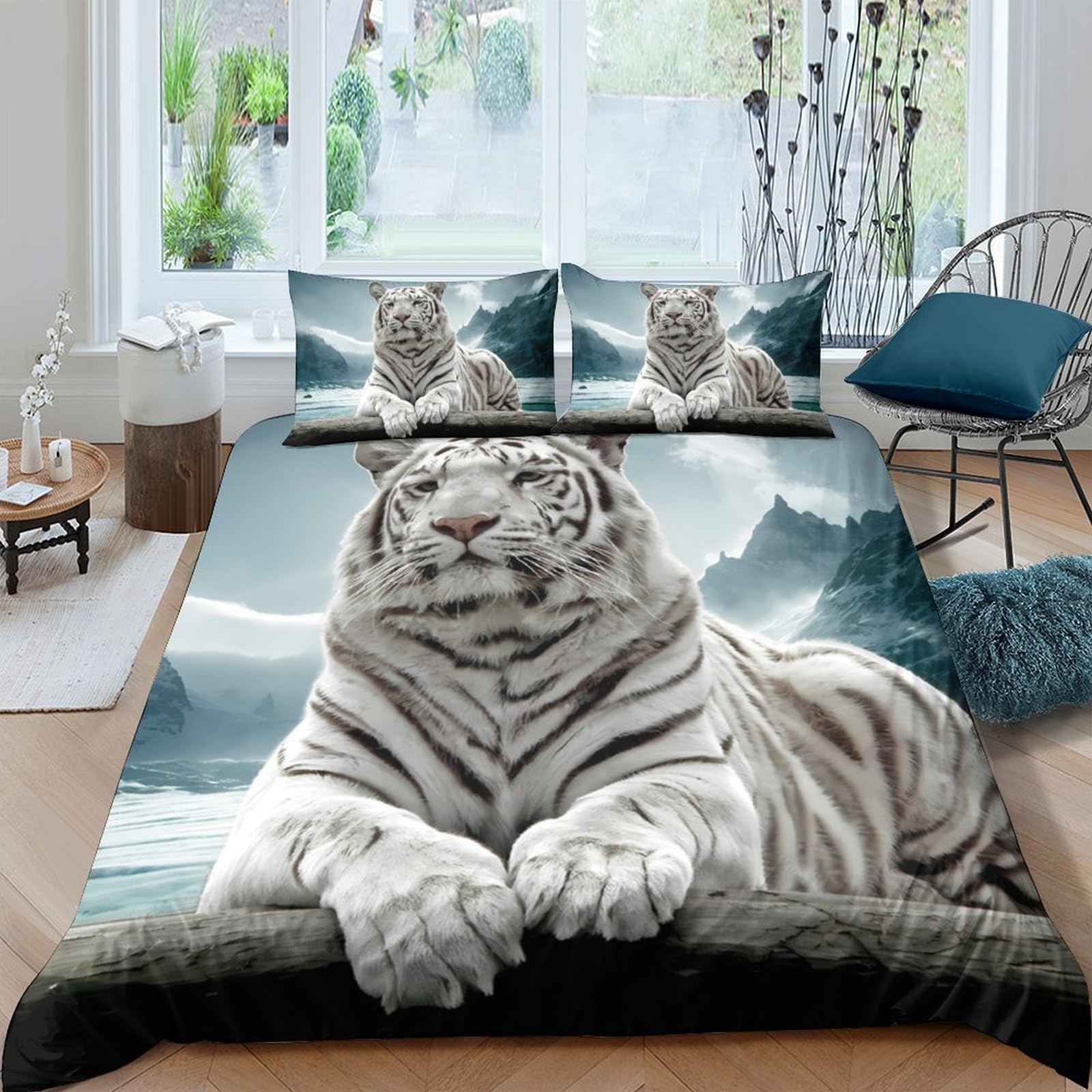 GPLZQXKJNH 3D Printed White Tiger Duvet Cover Microfiber Soft Breathable Mountain Forest Bedding Set with 2 Pillowcases for Bedroom Decor Single（135x200cm）