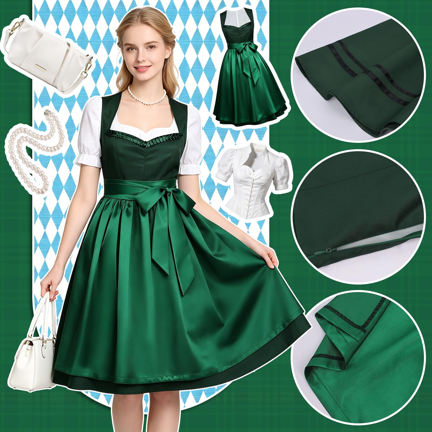 Dirndl Damen Midi Lang, Trachtenkleid mit Dirndlschürze, Grün Größen XXL Dirndl Trachtenrock Trachtenmode Dirndlkleid, Damen Oktoberfest Outfit Dresses
