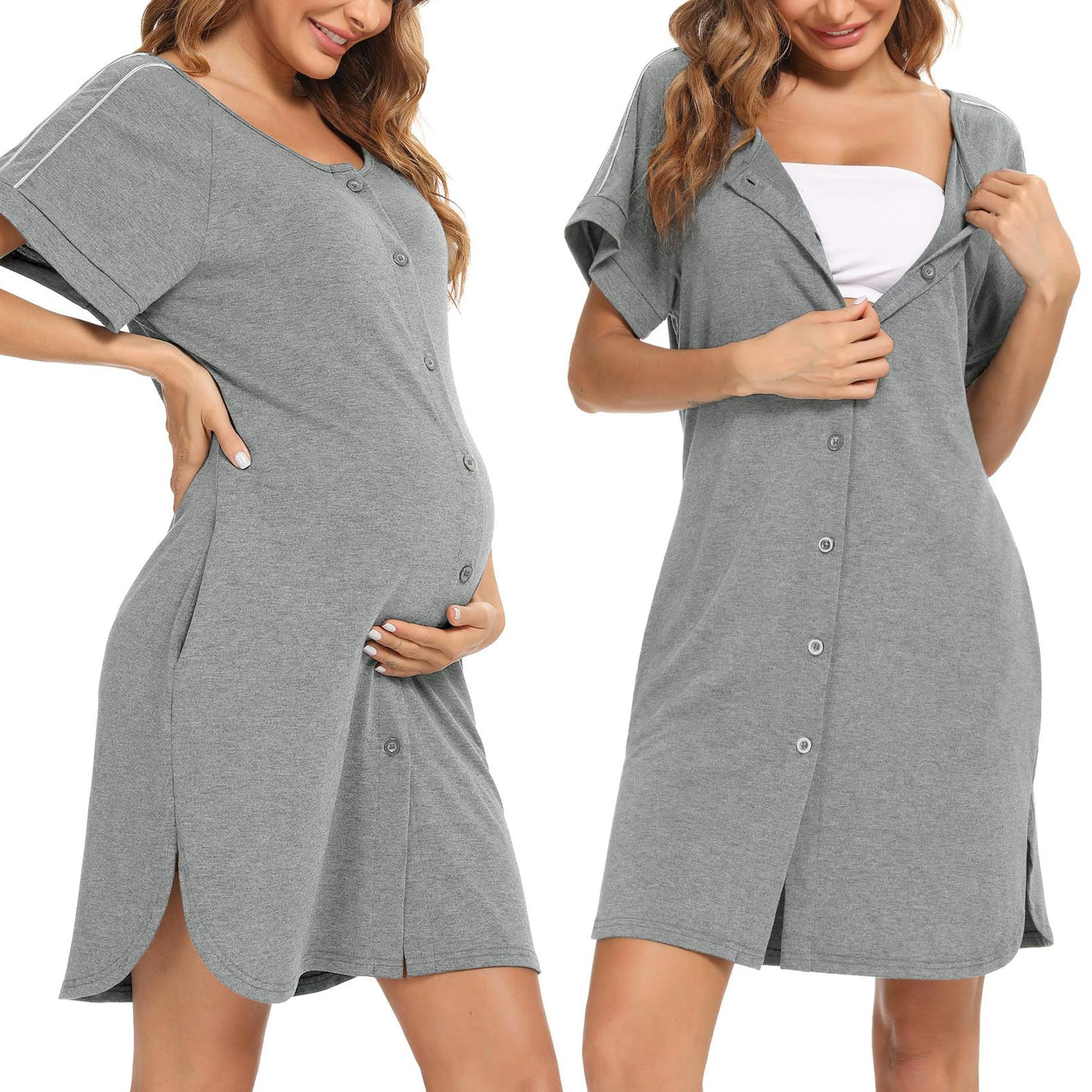iClosam Women's Maternity Nightdress Button Down Nightgown Soft Cotton Breastfeeding Nightwear Labour Nursing for Hospital Pyjamas Loungewear