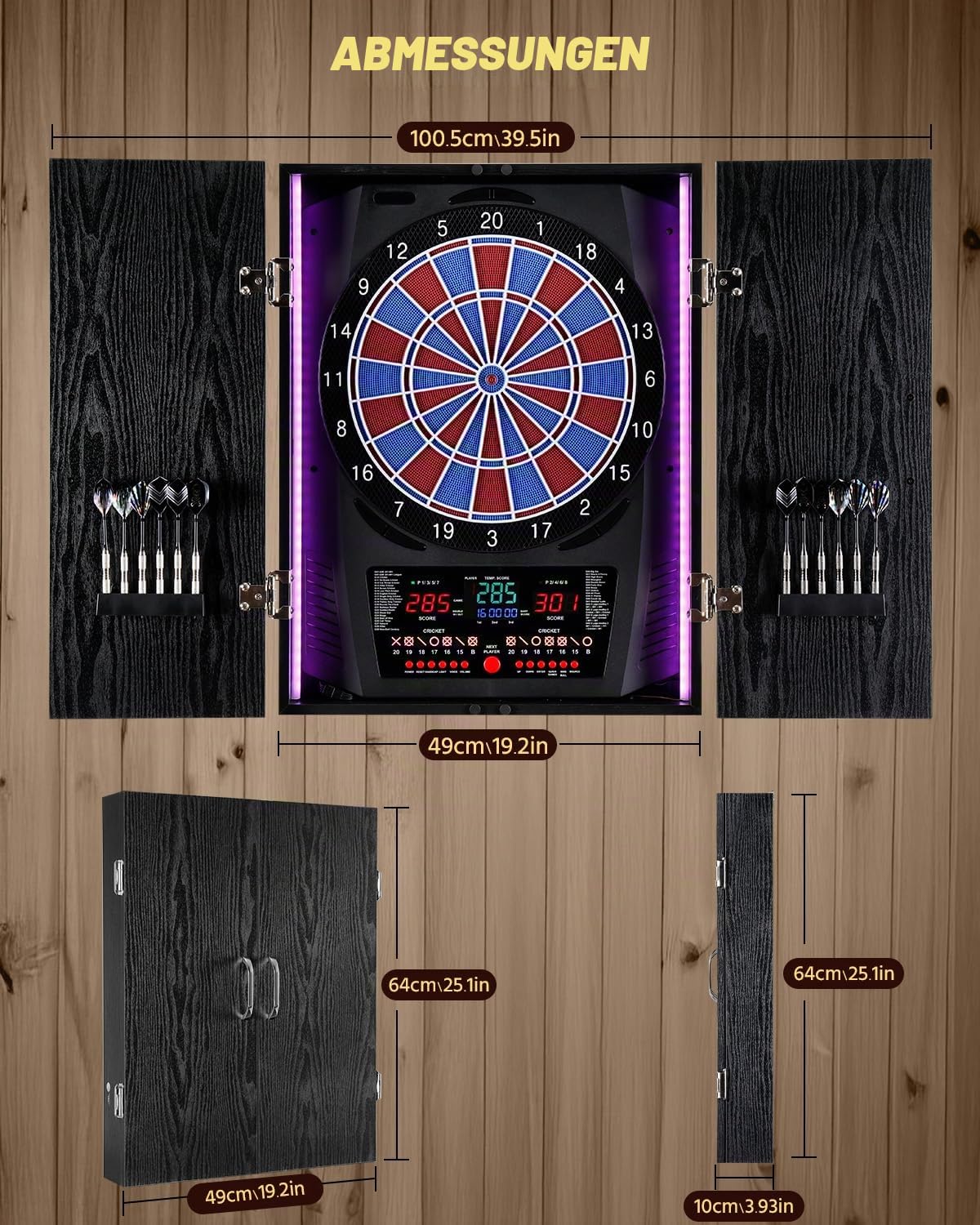 Elektronische Dartscheibe mit Rustikalen Holz-Schrank [12 Bronze Soft-Tip Pfeile], 8-Farben LED für 8 Spieler, Dart Scheibe Profi