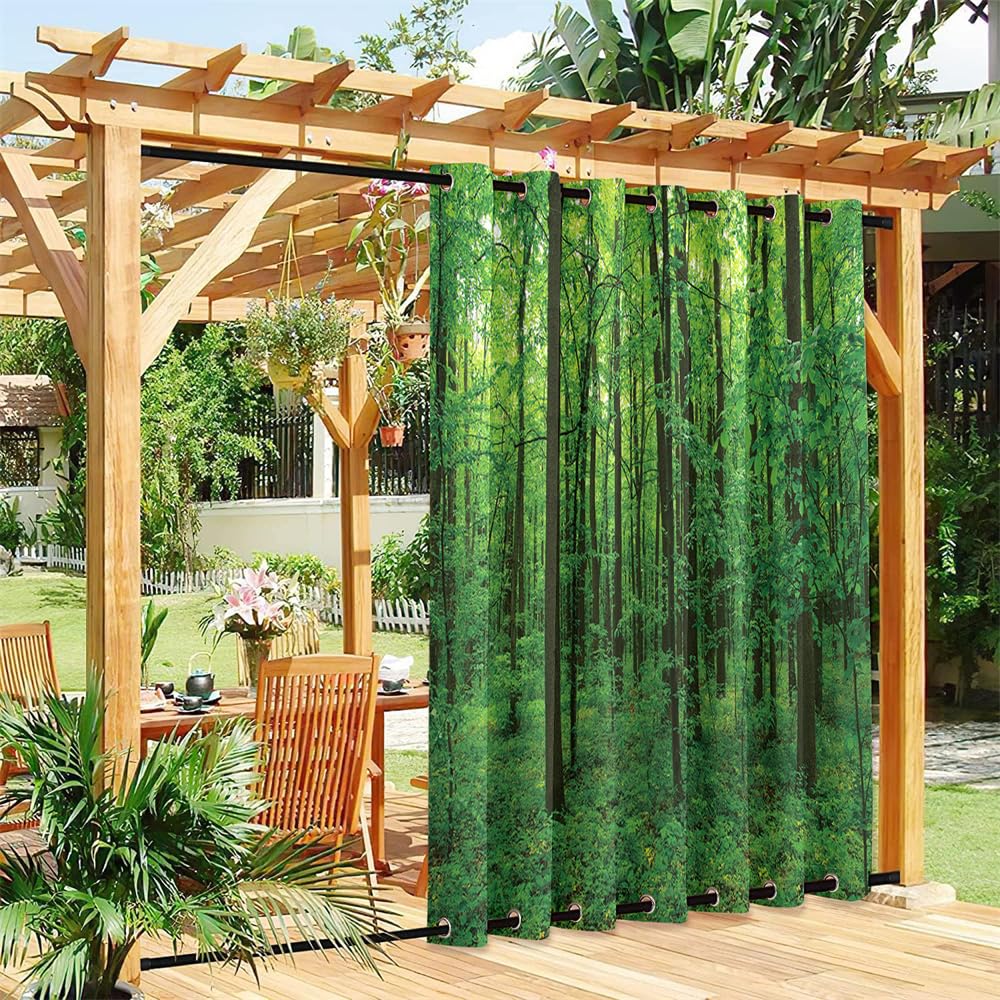 Hixingo Outdoor Curtains Waterproof Windproof, Gazebo Curtains with Grommet (Top & Bottom) for Pergola Patio Garden, Sun Protection, Extra Long - 3D Plant Print (deep forest,132x304cm)
