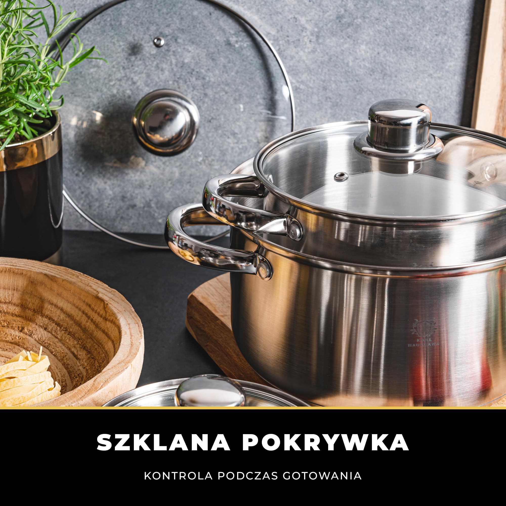 KARL HAUSMANN Zestaw Garnków ze Stali Nierdzewnej 18/0 – 4 Elementy – Garnki z Pokrywkami i Wewnętrzną Miarką – Na Wszystkie Kuchenki, w tym Indukcję - Do Mycia w Zmywarce - kuchenka gazowa