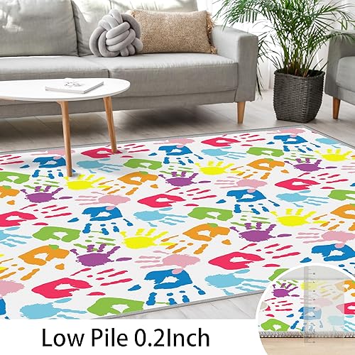 Miniatura 4 de Alfombra colorida con estampado de manos para niños, para sala de juegos, aula, guardería, bonita alfombra de piso de 8 x 10 pies