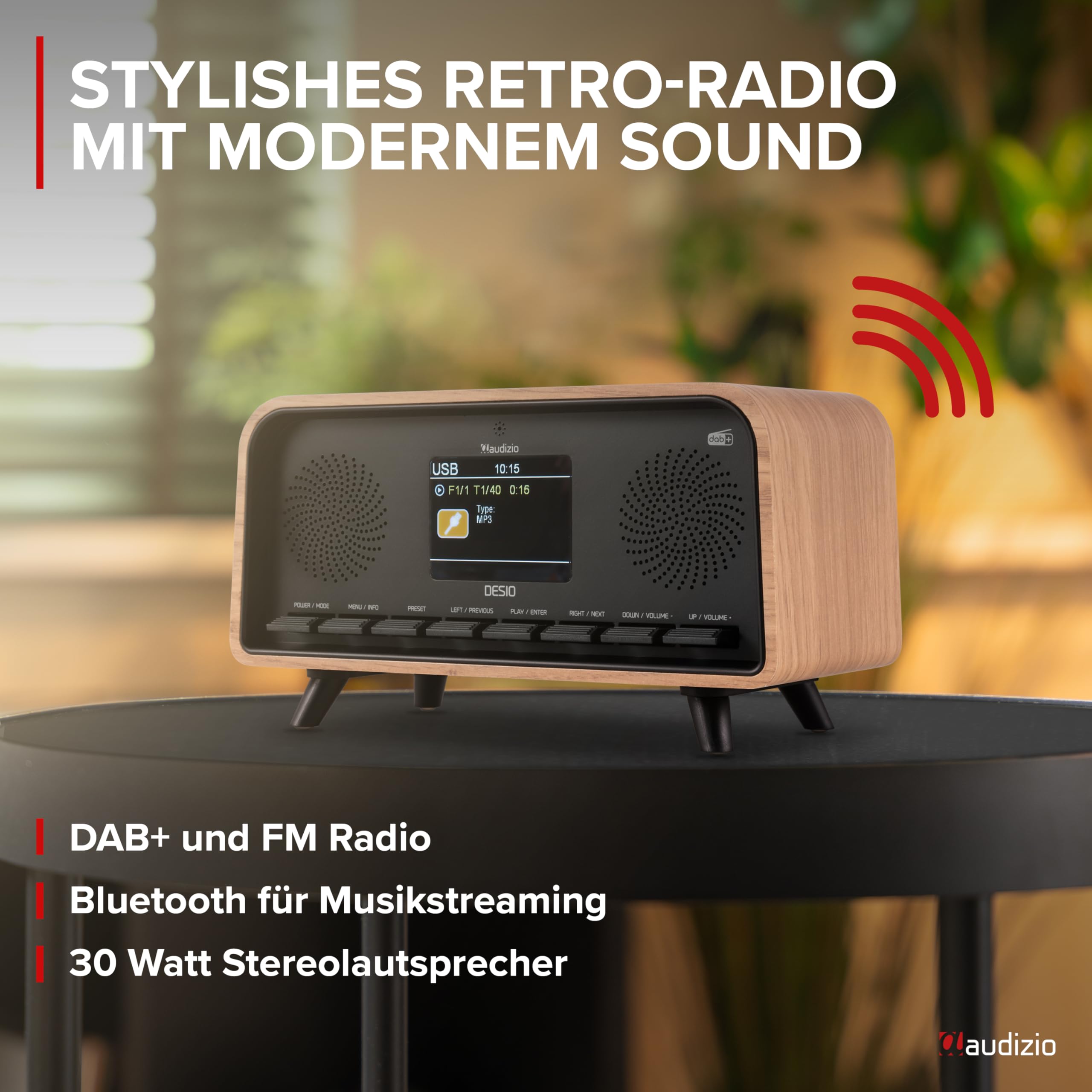 Audizio Desio - DAB Radio mit Bluetooth 5.0 - Stereo DAB Plus Radio mit Fernbedienung, 50 Speicherplätze, Auto Scan, Line-Out, USB, AUX, Retro-Look für Zuhause, Einfache Bedienung, 30 W - Hell