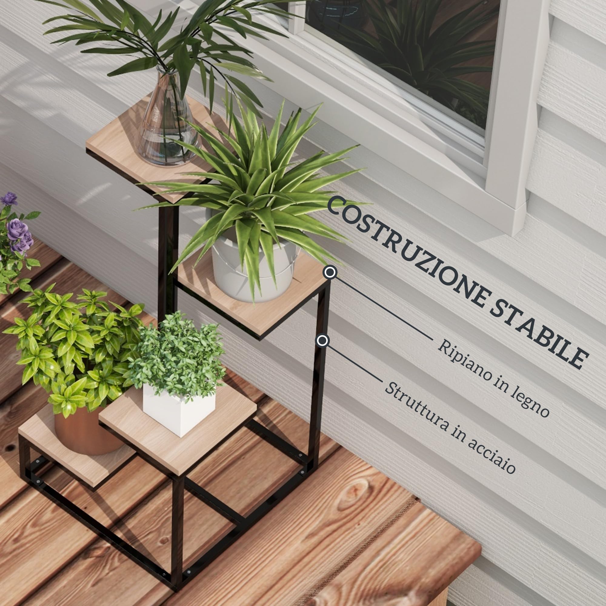 Outsunny Portapiante a 4 Livelli Interni Esterni 40x40x75.5 cm Marrone Nero | Scaffale Porta Fiori e Vasi, in Acciaio e Legno