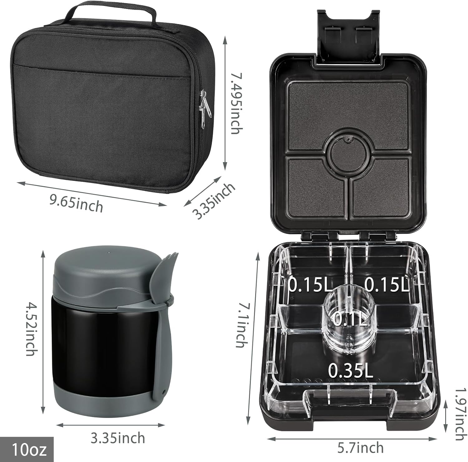 Bento Lunch Box Set for Kids with 10oz Soup Thermo, Leak-Proof Lunch Containers with 4 Compartment, Kids Thermo Hot Food Jar and Insulated Lunch Bag for Kid to School,BPA-Free(Black) - Image 6