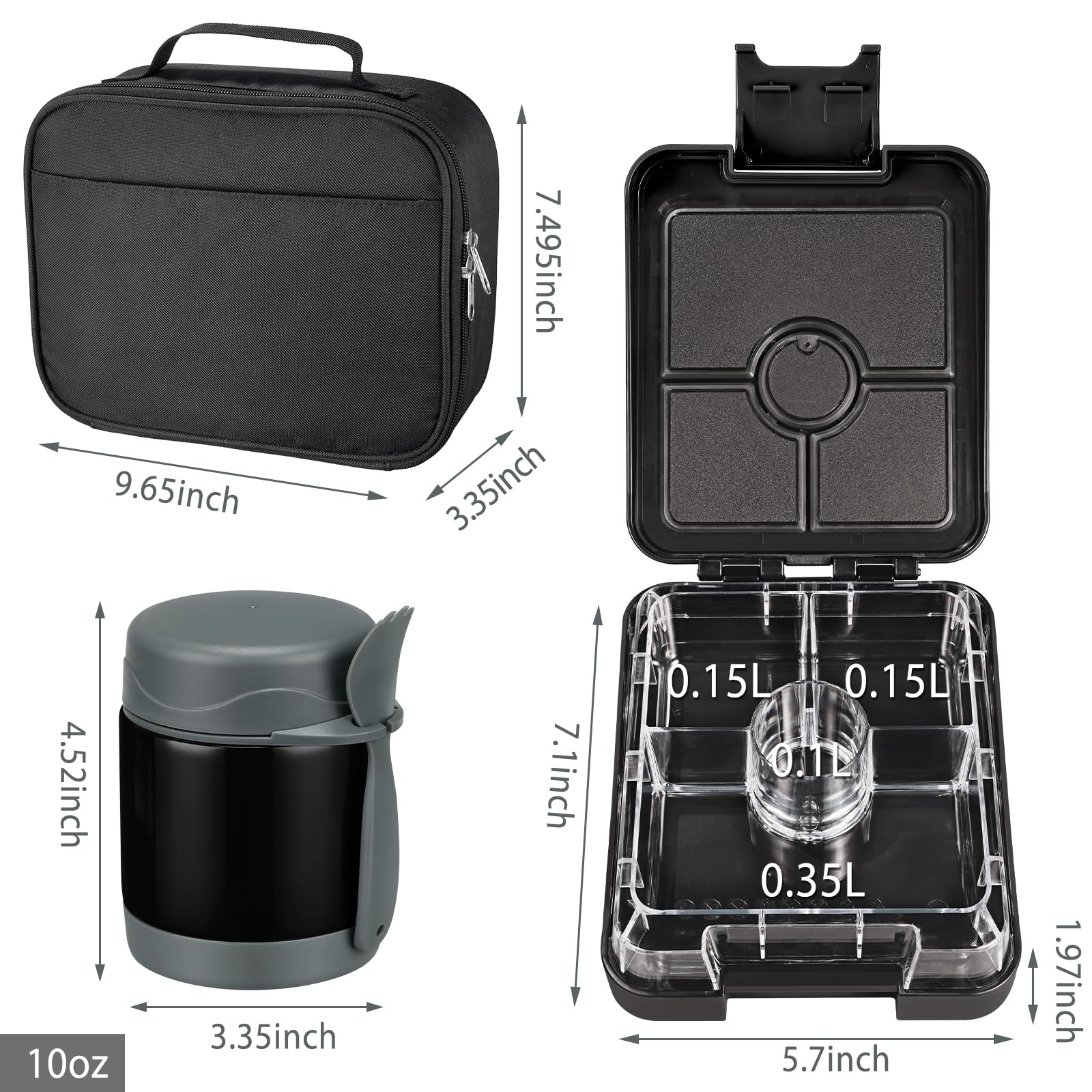 Bento Zestaw pudełek na lunch dla dzieci, z termosem do zupy 295 ml, szczelne, z 4 przegródkami, termos dla dzieci, słoik na gorące jedzenie i izolowana torba na lunch dla dzieci do szkoły, bez BPA,