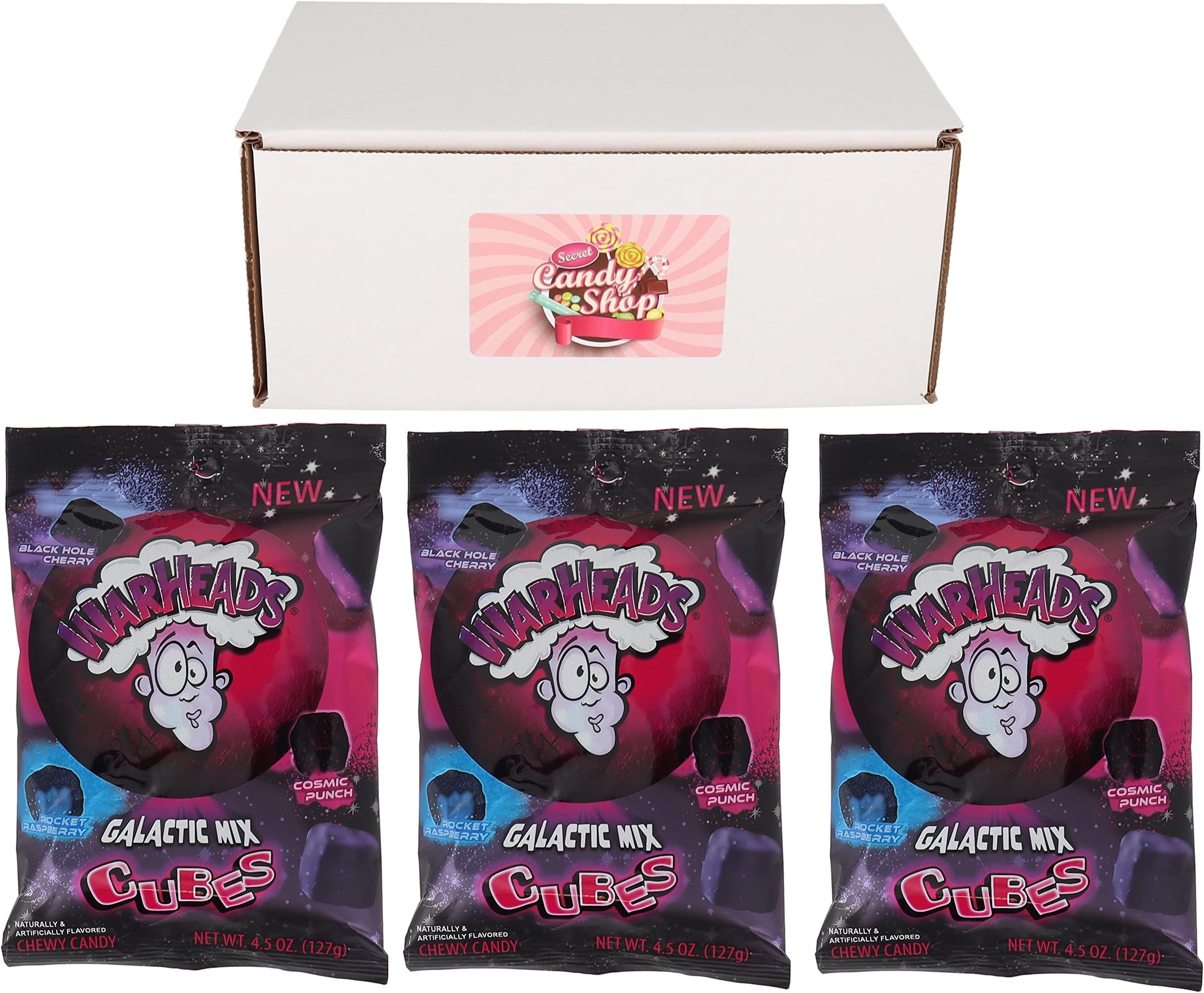 SECRET CANDY SHOPWarheads Galactic Mix Cubes - Black Hole Cherry, Cosmic Punch, Rocket Raspberry Flavors (Pack of 3)