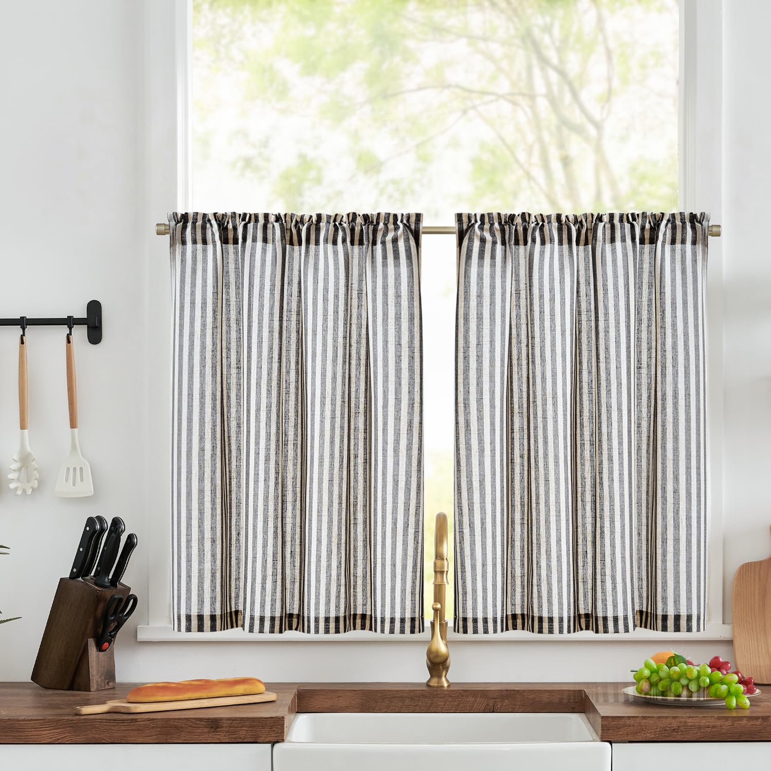 TOPICK Kitchen Curtains 24 Inch Drop, Black Striped Cafe Curtain 2 Panels, Light Filtering Privacy Curtains for Bedroom, Rod Pocket Short Half Window Curtain Tier for Cupboard Base, Sink, W36xL24 Inch โ image 1