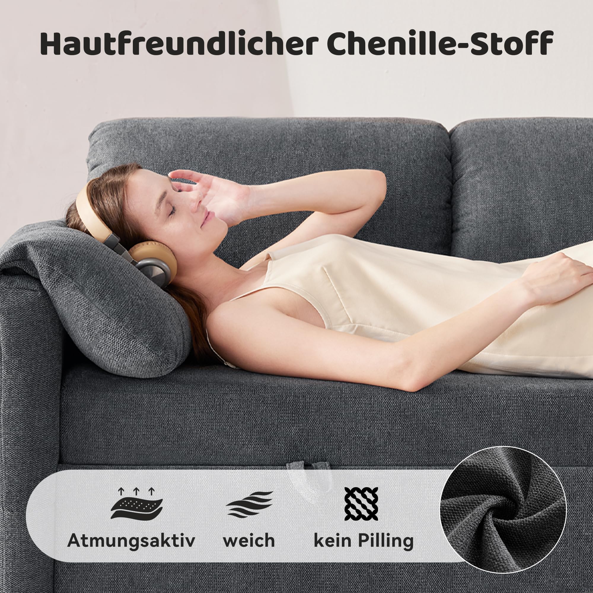Kingfun 203cm 3-Sitzer Ecksofa mit Schlaffunktion & Bettkasten, Ausziehbares L-Form Schlafsofa mit USB & Stauraum, Kleines Sofa Bett für Wohnung und Wohnzimmer