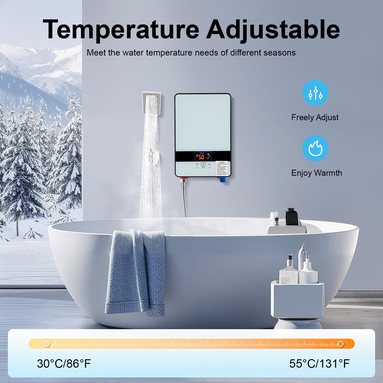 Elektryczny podgrzewacz wody 6500 W, 220 V, montaż ścienny, 30-55°C, elektryczny podgrzewacz wody z prysznicem prysznicowym do domów, szkół, kuchni i łazienek, 18,6 x 5,7 x 27,7 cm