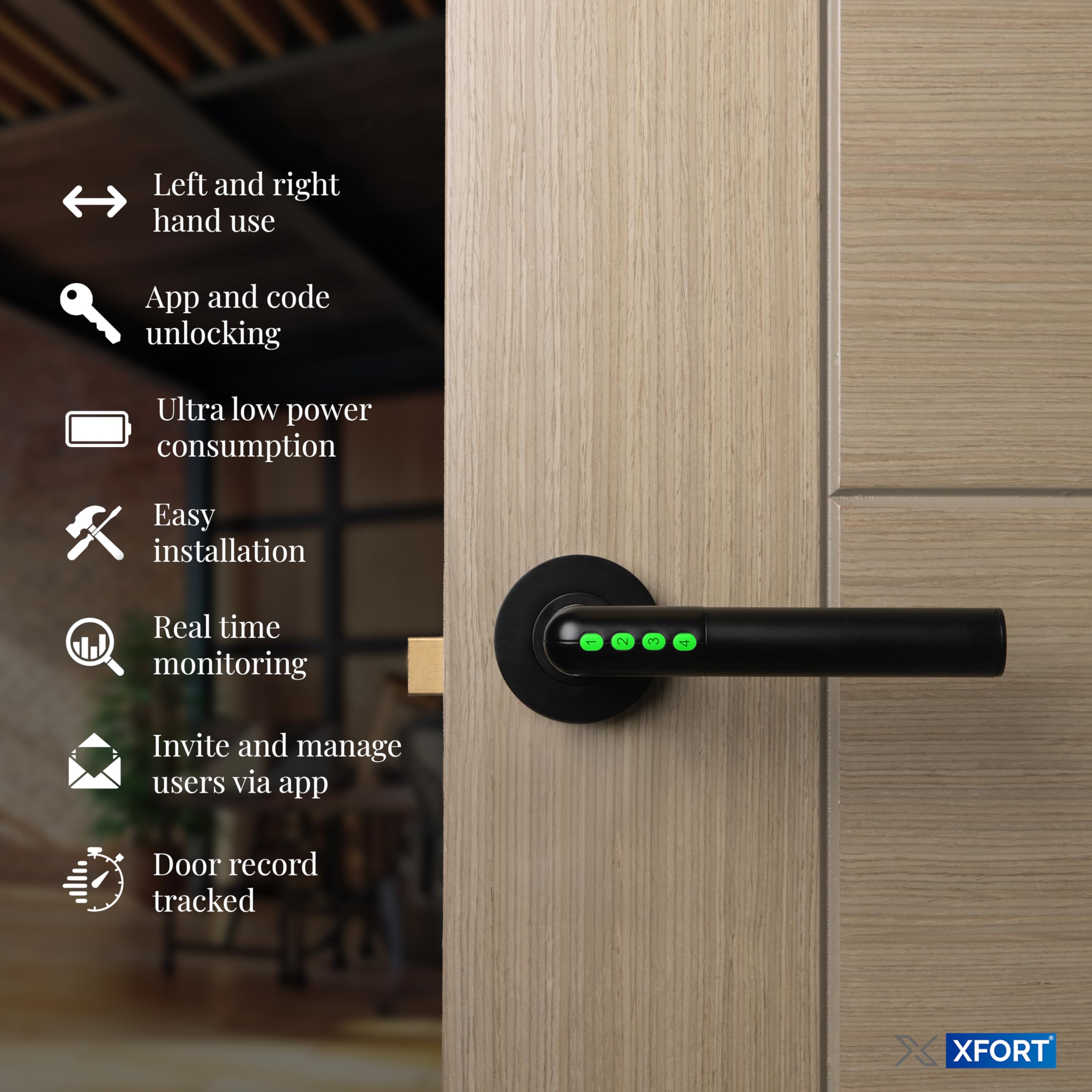 XFORT Smart Lock Door Handle, Stainless Steel in Black, Lever On Rose, Bluetooth Door Handle for Internal Wooden Doors - Image 4