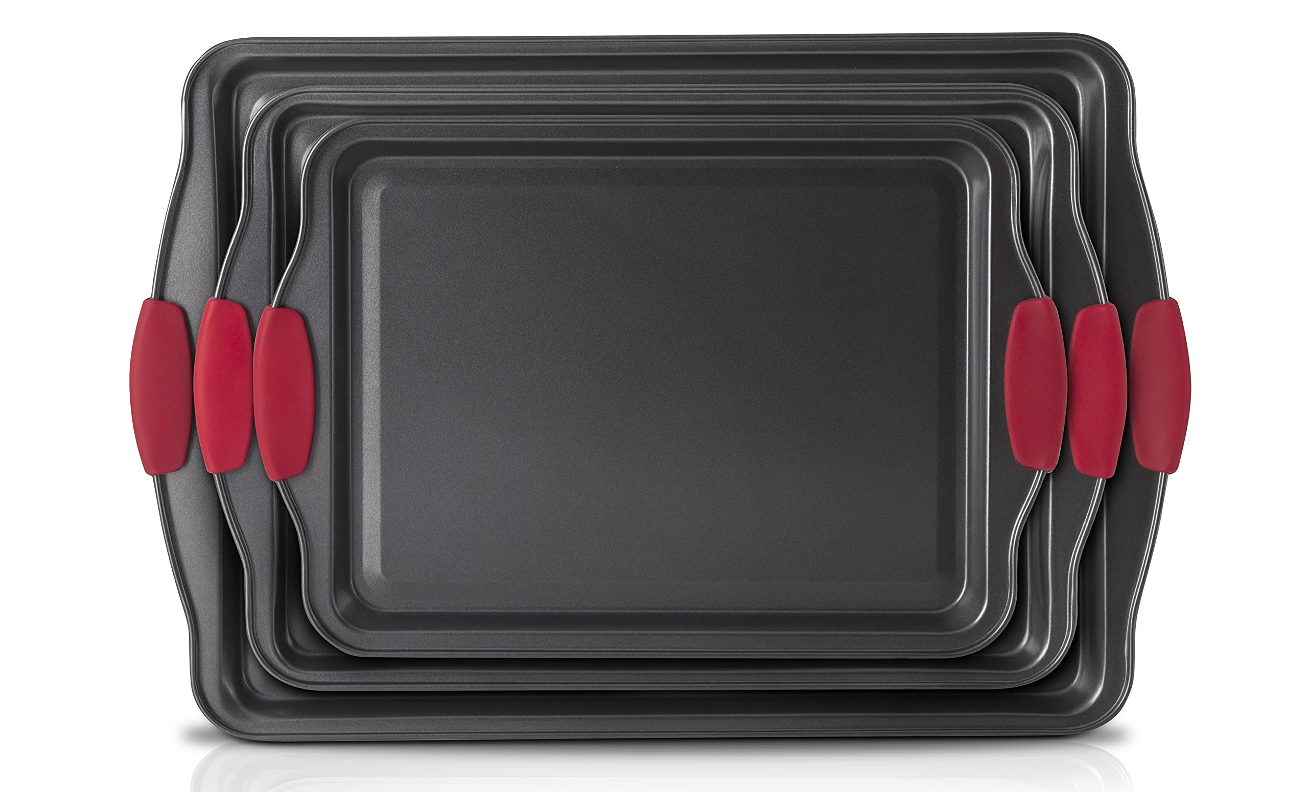 Eternal Living Non Stick Baking Pans Cookie Sheets for Baking with Red Silicone Handles 3pc Set Large, Black