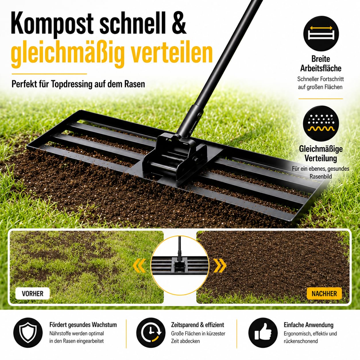 Rasen-Nivellierungsrechen 198cm 76x25cm, verstellbarer Griff 119-198cm, 180° schwenkbarer Kopf, rostbeständiger Stahl