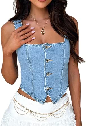 Sunloudy Women Denim Push Up Bustier Tube Top Strapless Button Up