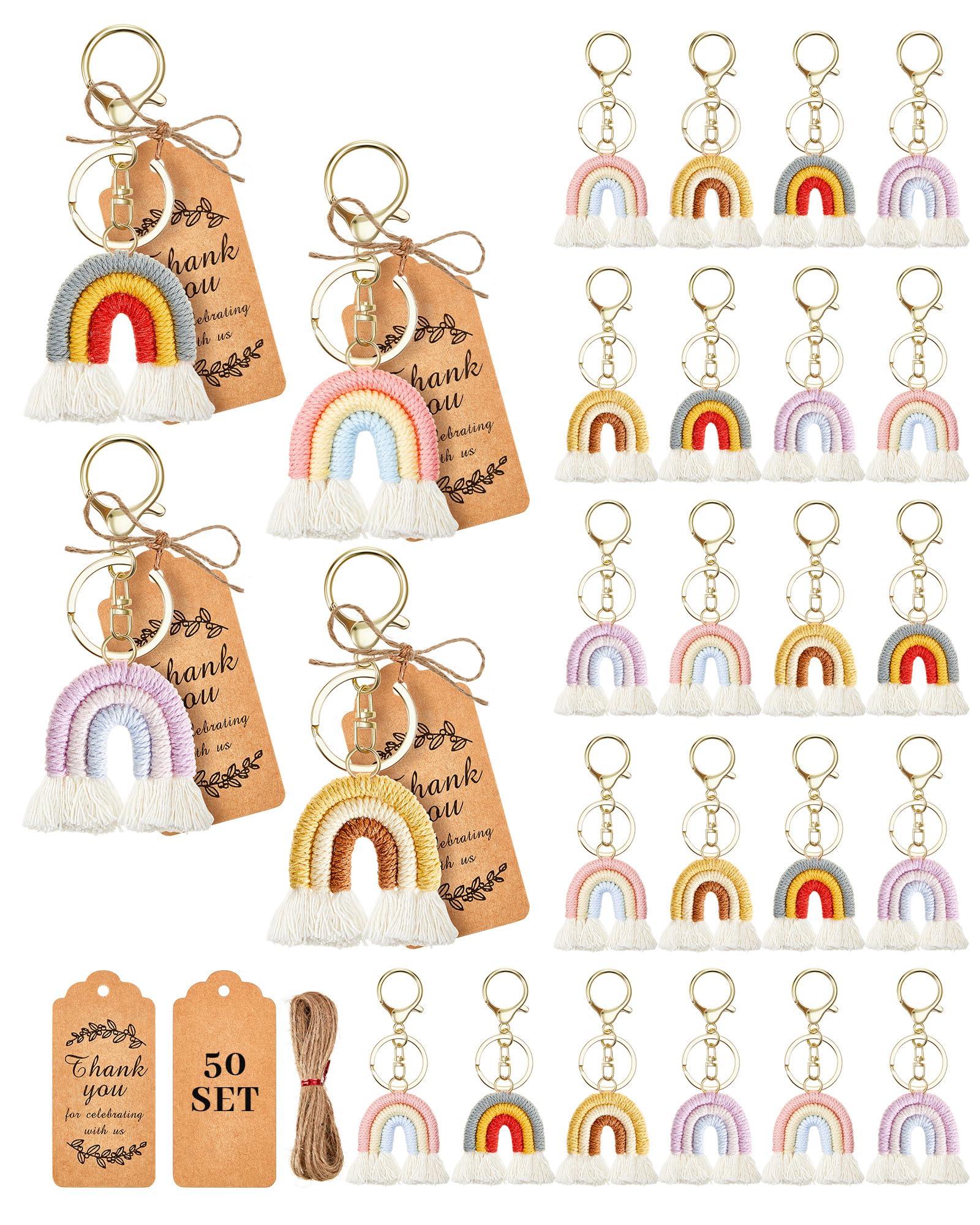 Huquary72 Pcs Boho Keychain Set 36 Pcs Macrame Rainbow Keychains Weaving Rainbow Tassel Keychains 36 Thank You Tag