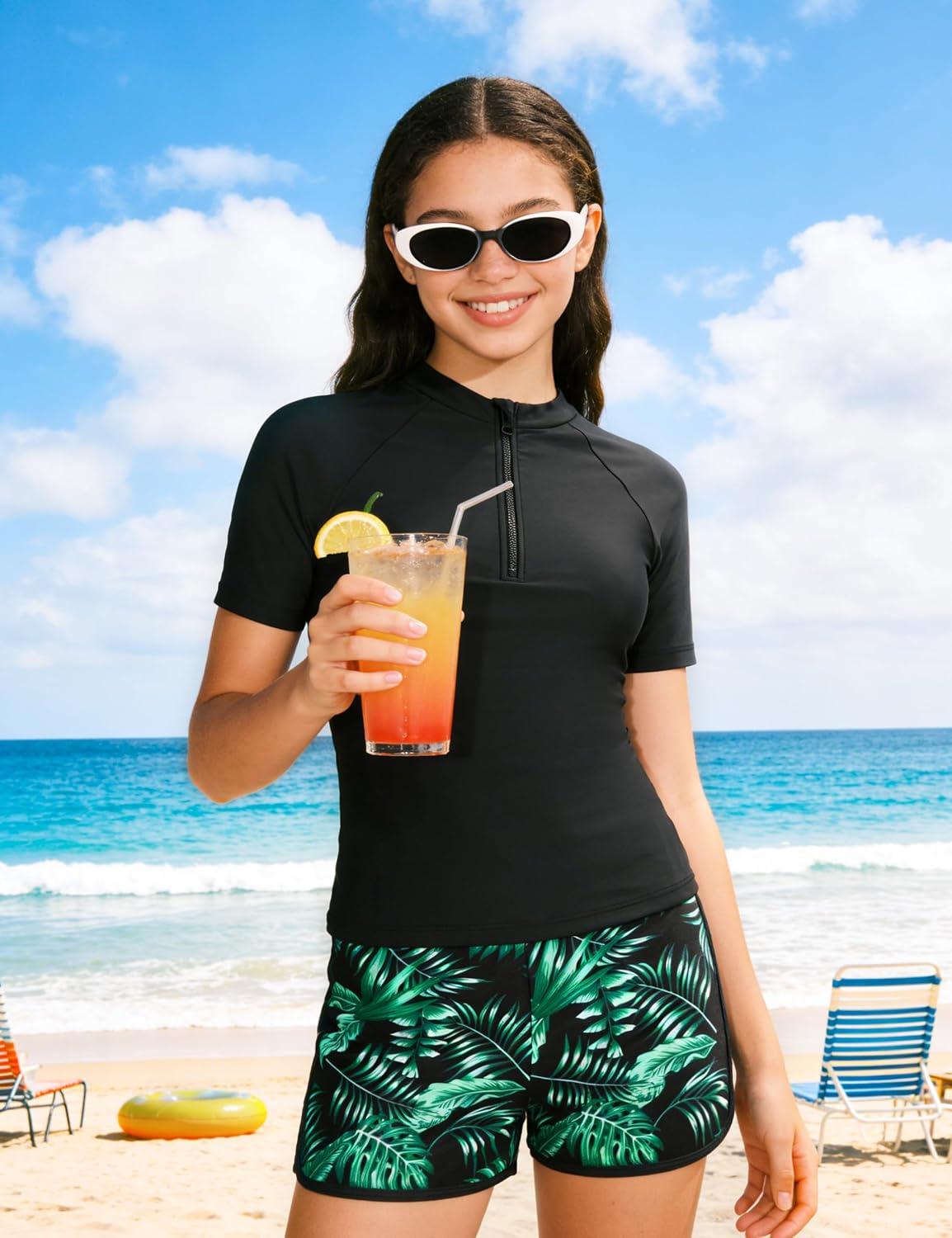 Girls Swimsuit 2 Piece Rash Guard Swimsuit Zip with Tropical Printed Shorts Girls Bathing Suit Size 7-16