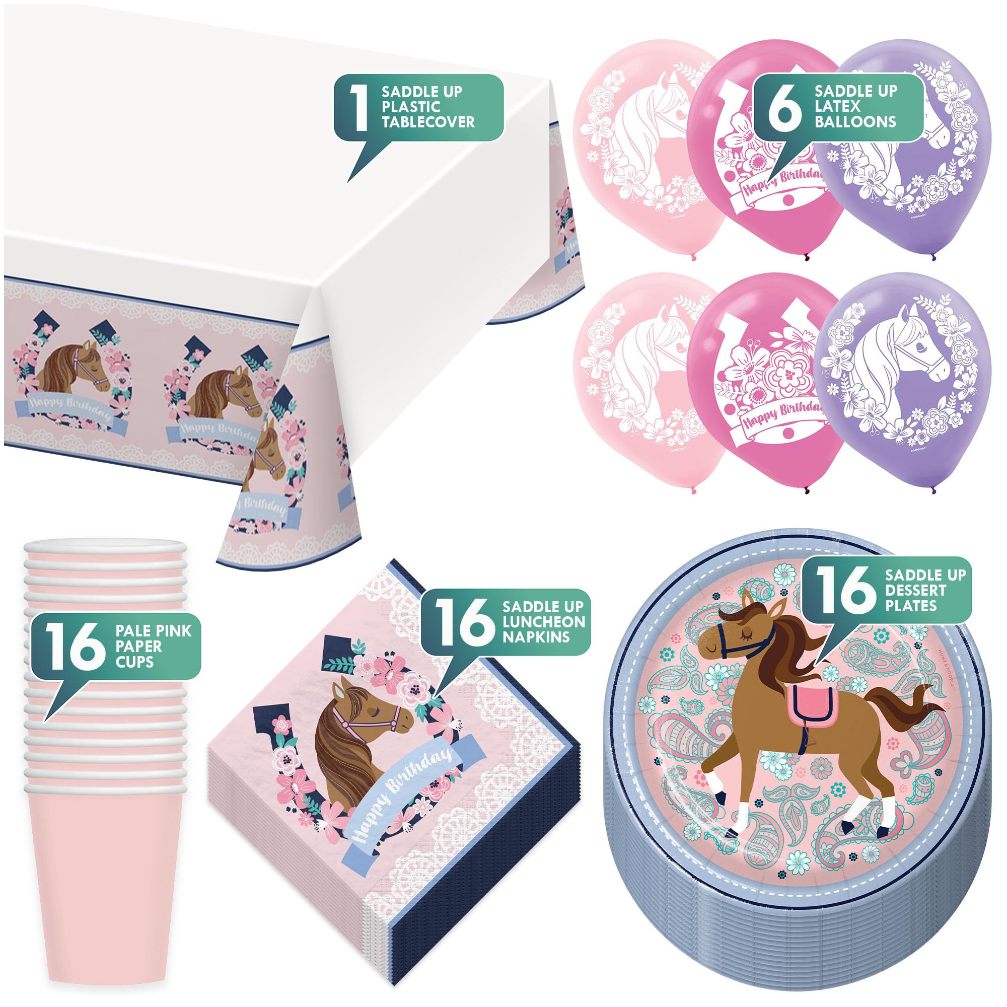 Saddle Up Horse & Floral Party Pack - Paper Plates, Napkins, Cups, Table Cover, and Balloons Set (16 Plates, Napkins, & Cups)