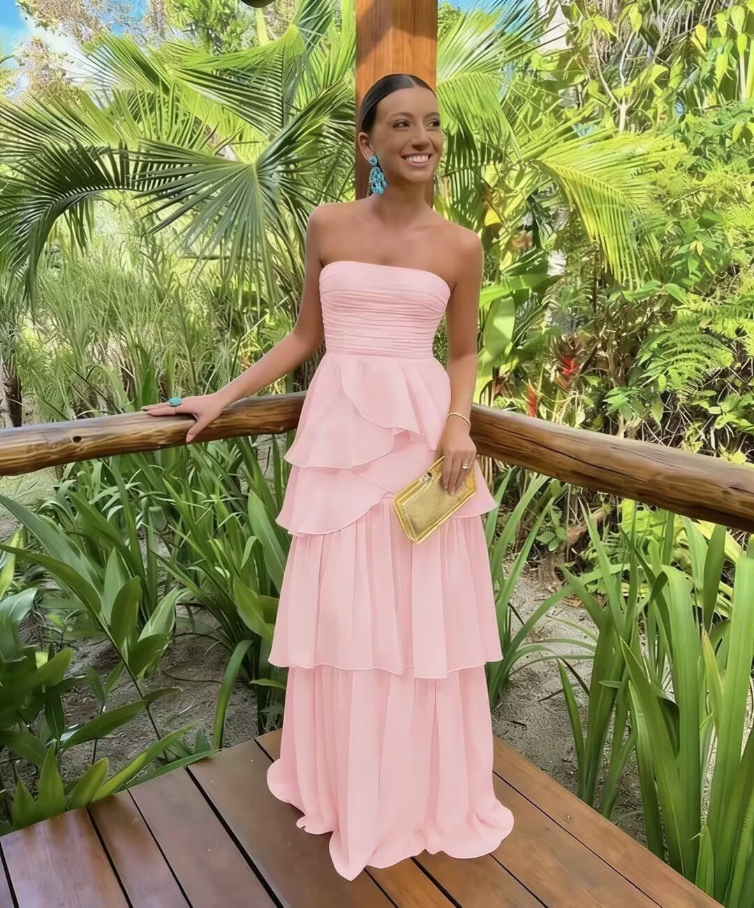 Tiered Prom Dresses Long Chiffon Ruffle Bridesmaid Dress Strapless Pleated Ball Gown