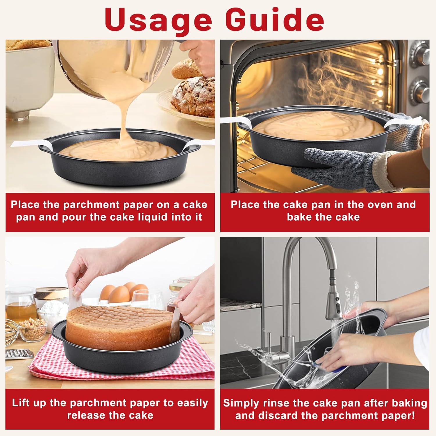 Unokit Round Cake Pan - 3 PCS 8 Inch Carbon Steel Cake Baking Pans with 100 PCS Parchment Paper, Nonstick Cake Pans with Handle, Dishwasher Safe - Image 5