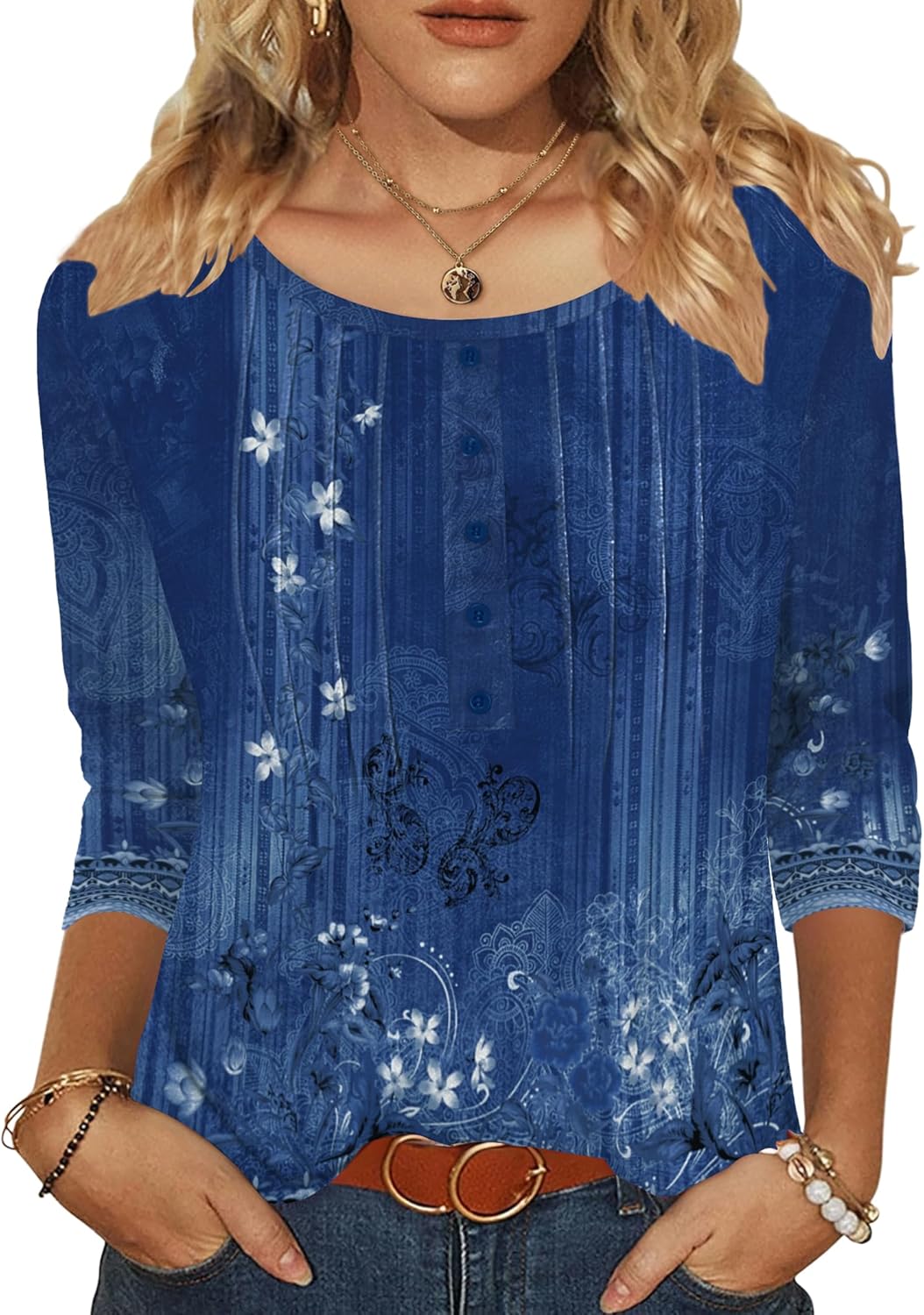 Zeagoo 3/4 Length Sleeve Womens Tops Round Neck Casual Summer Tunic Tops Basic Tees Blouses Dressy T-Shirts Pleated Shirts - Image 4