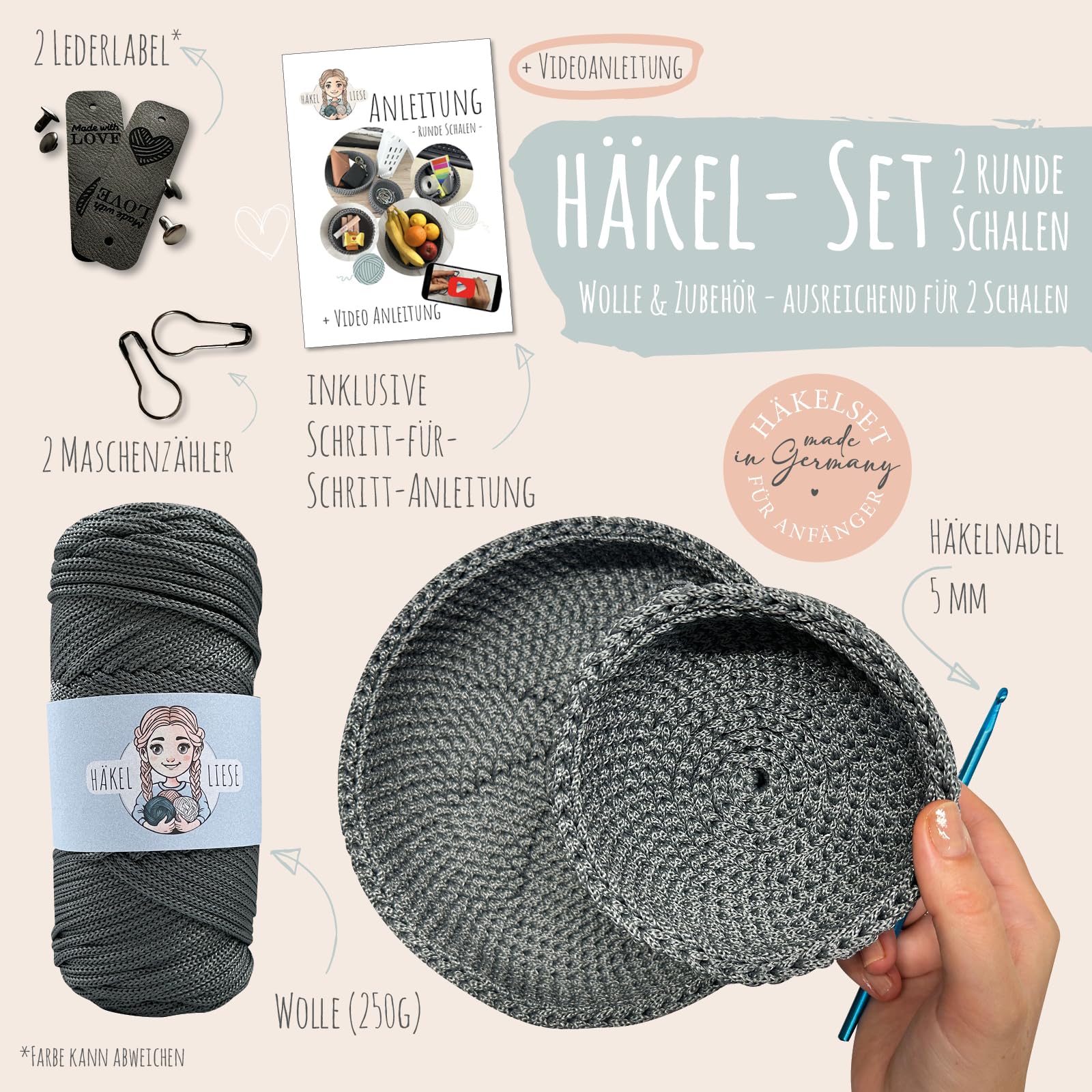 HÄKEL LIESE Set all'uncinetto per principianti, ciotola decorativa con lana all'uncinetto, set per l'apprendimento all'uncinetto, regalo per adolescenti (grigio
