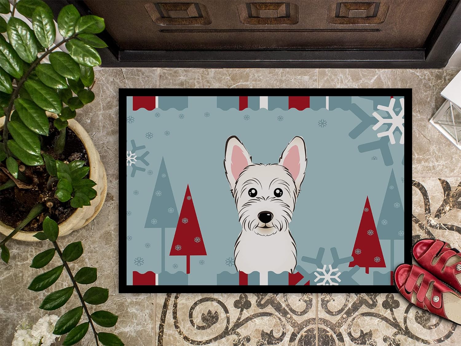 Caroline's Treasures BB1722MAT Winter Holiday Westie Doormat 18x27 Front Door Mat Indoor Outdoor Rugs for Entryway, Non Slip Washable Low Pile, 18H X 27W