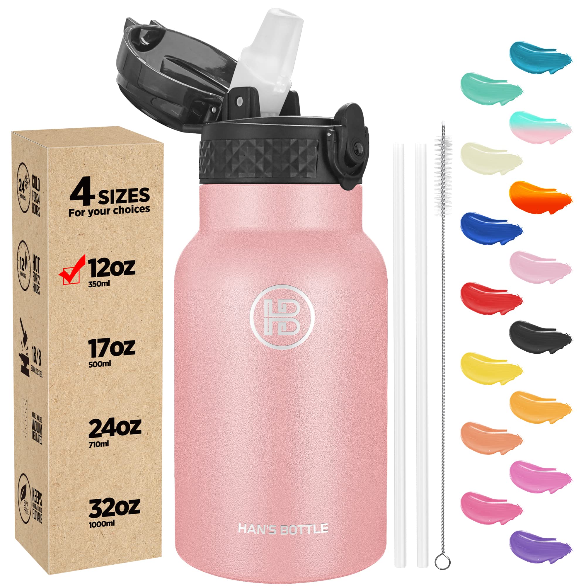 Han's Bottle Kids Water Bottle with Straw Lid - Insulated Stainless Steel Reusable Tumbler for Girls,Boys,Thermo Mug,12oz,Blush