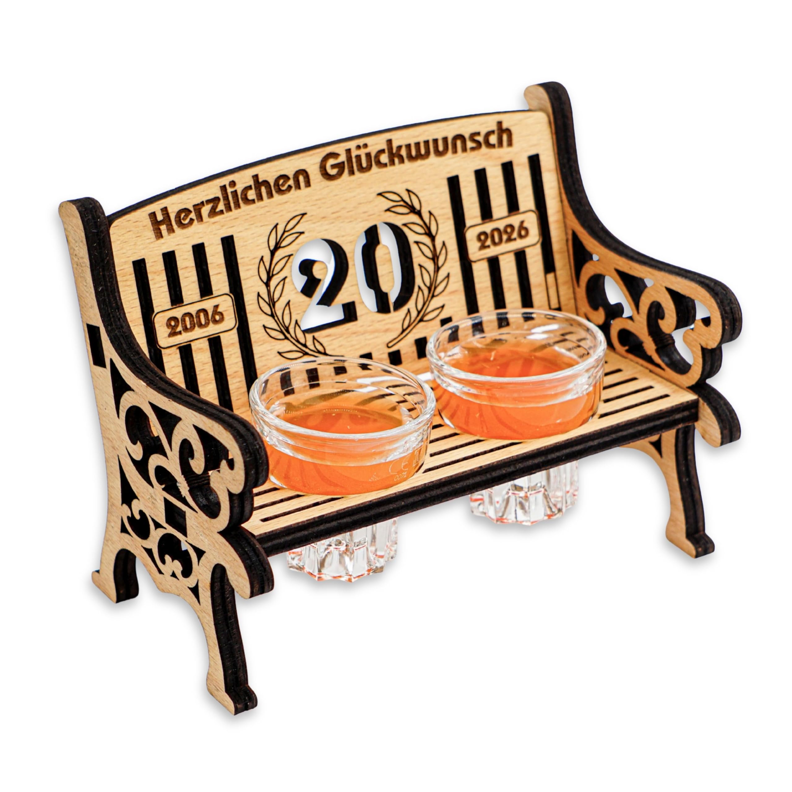 DARO Design - Schnapsbank Holz mit Gravur mit 2 Schnapsgläser - 20 Jahre - 16x12 cm Groß - lustige Geschenkidee - originelles Geschenk zum Geburtstag Firmenjubiläum Hochzeitstag Jubiläum