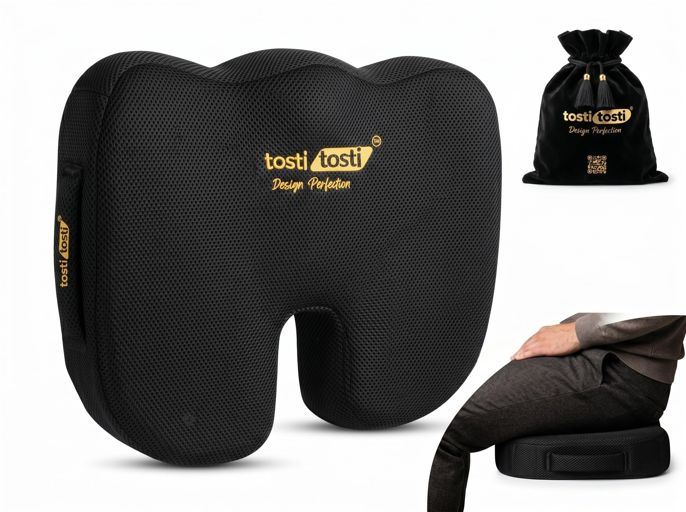 TostiTosti Memory Foam Seat Cushion for Office Chair, Car & Wheelchair | Activated Charcoal Coccyx Support with Non-Slip Base, Removable Cover & Premium Carry Bag