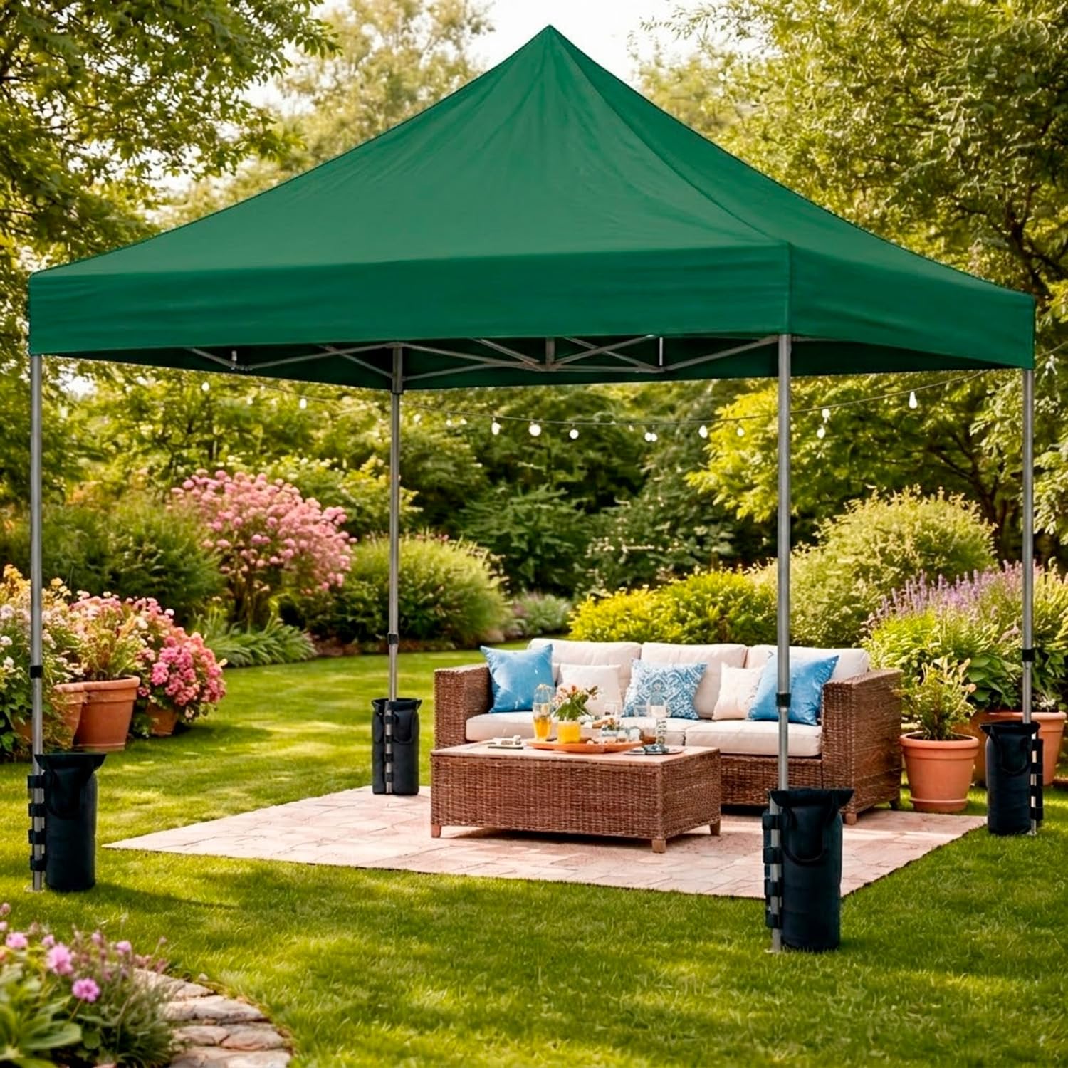 Gazebo Professionale 3x3 M Richiudibile Automatico In Acciaio Con Telo Oxford 1200D PVC Impermeabile e Anti UV Struttura a Fisarmonica con Sacche Zavorra e Borsa Trasporto Sagre Feste Eventi (Verde)