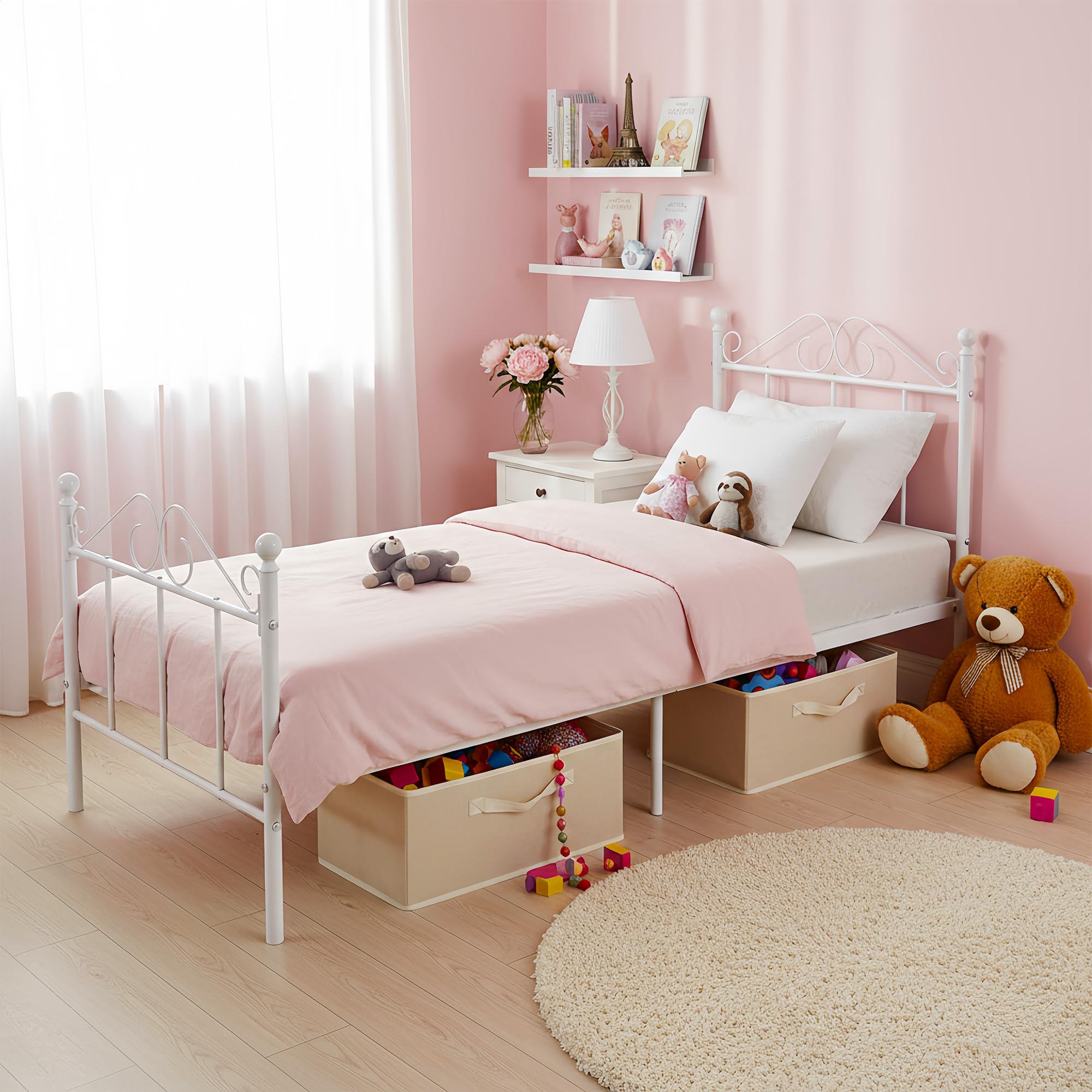 Cadre de Lit Enfant en Métal pour Matelas 90x190 cm, Lit Enfant Sol avec Sommier 90x190/Montage Facile/Convient comme pour Enfants/Ado/Adolescent Garcon/Fille/Senior/Blanc/Style A