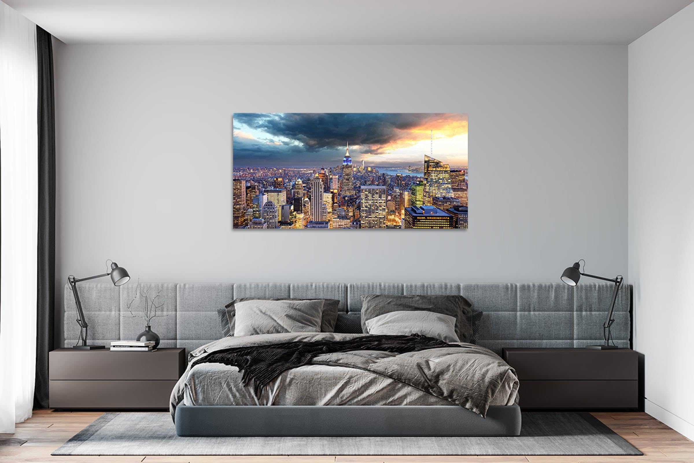 Stadtlandschaft Leinwandbild Fertig zum Aufhängen-Landschaftsbilder auf Leinwand-Dunkle Wolken hohe Gebäude Wandbilder Wohnzimmer-Panorama Kunstdruck 50x100cm Umwickelte Leinwand