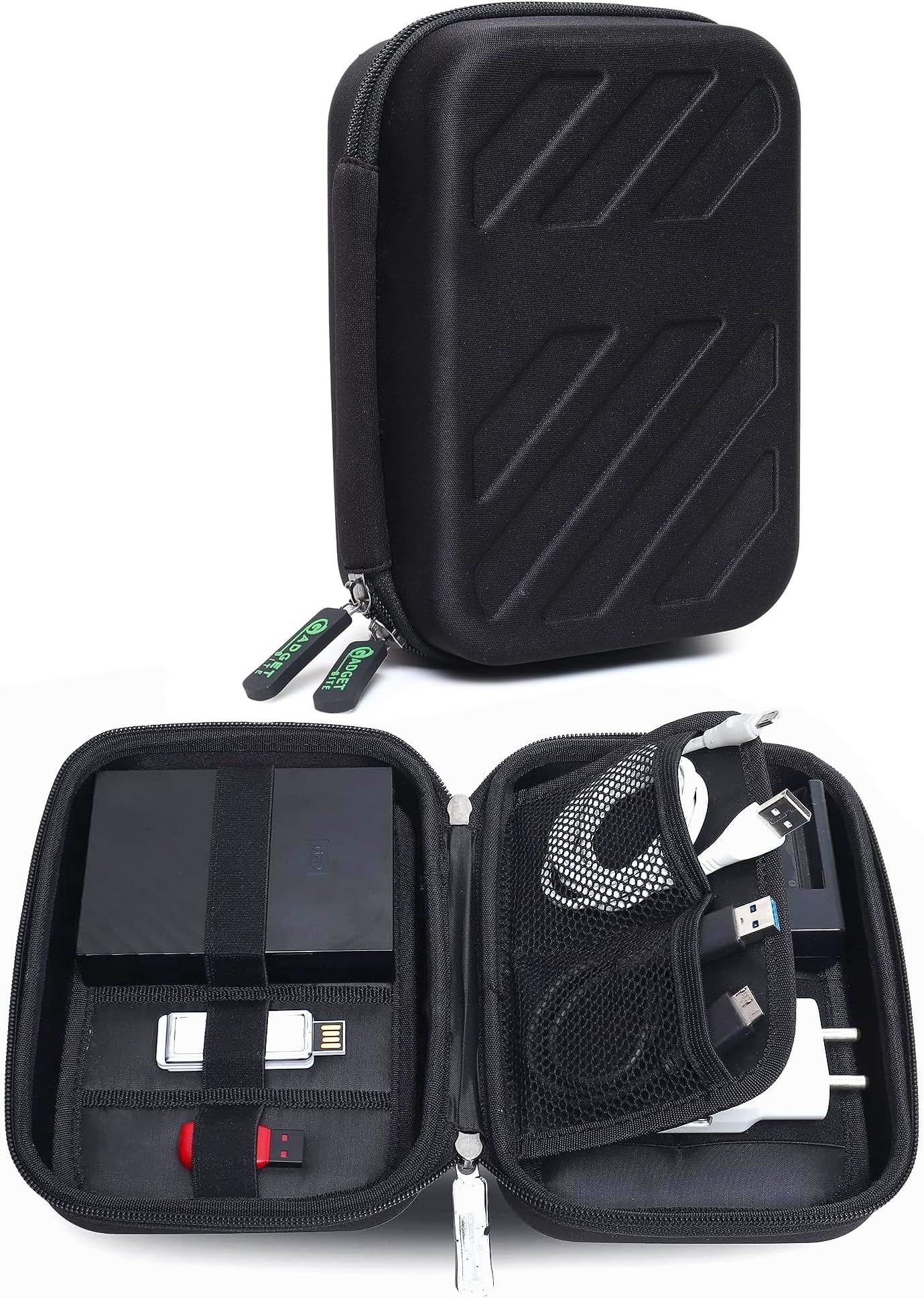 - GadgetBite EVA Organiser Portable Pouch for Electronic Accessories USB Cables, Power Bank, Battery, Hard Drive, SD Memory Card, Earphones, Travel Gadgets & Organiser Rugged Travel Friendly Black