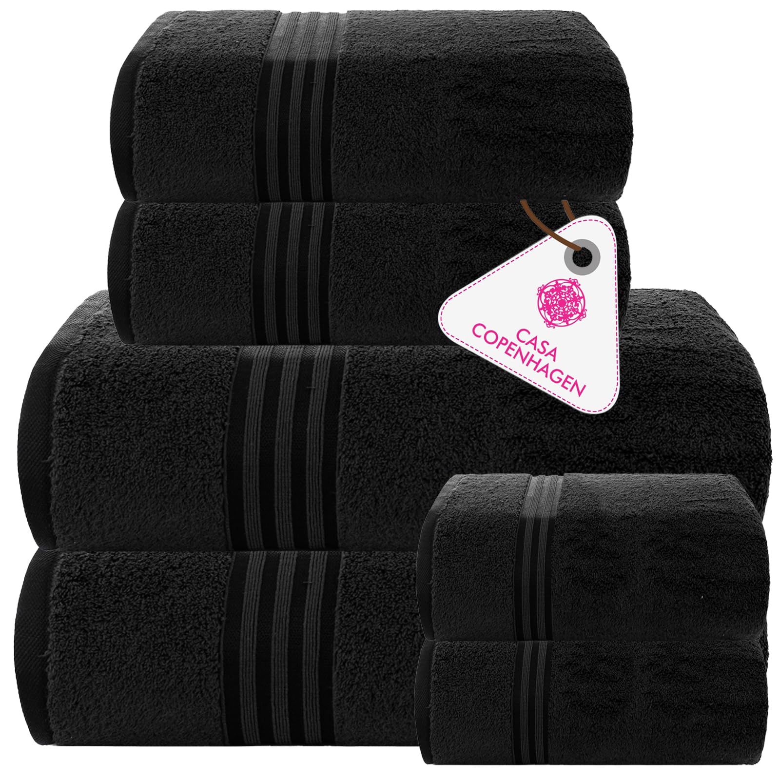 CASA COPENHAGEN, Set da 6 Pezzi in 100% Cotone – Nero Radioso, 600 g/m², 2 Teli Bagno, 2 Asciugamani Viso, 2 Ospiti, in Cotone Egiziano – Asciugamani Morbidi e di Lusso per Hotel