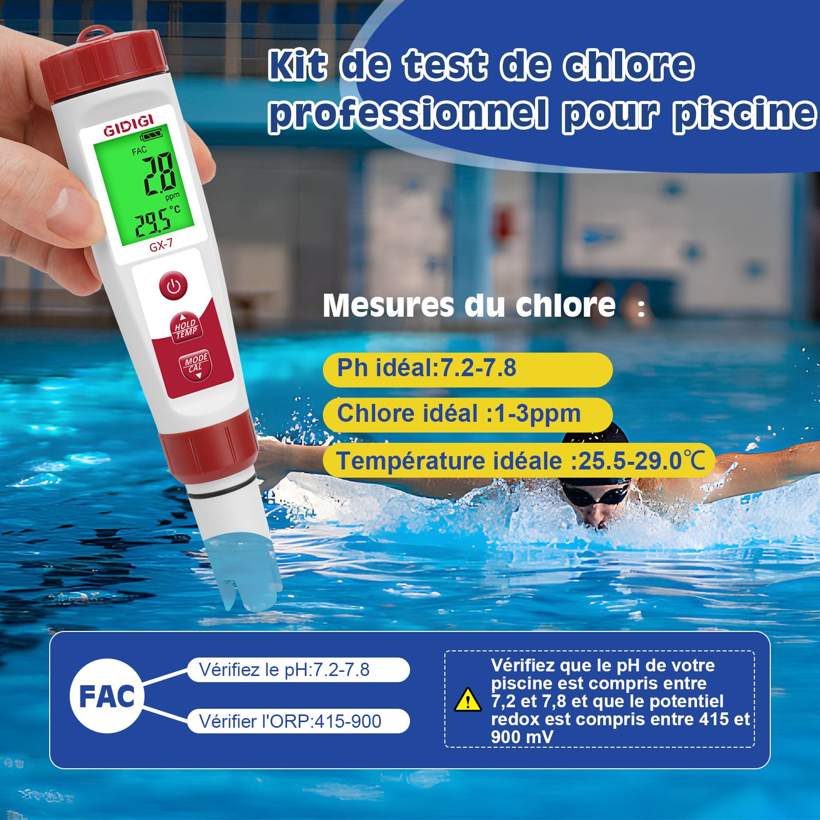 Testeur Eau Multifonction 7-en-1 : Piscine (Sel/Chlore/pH), Aquarium, Hydroponie. Mesure Salinité, ORP, Température, Conductivité Électrique, TDS