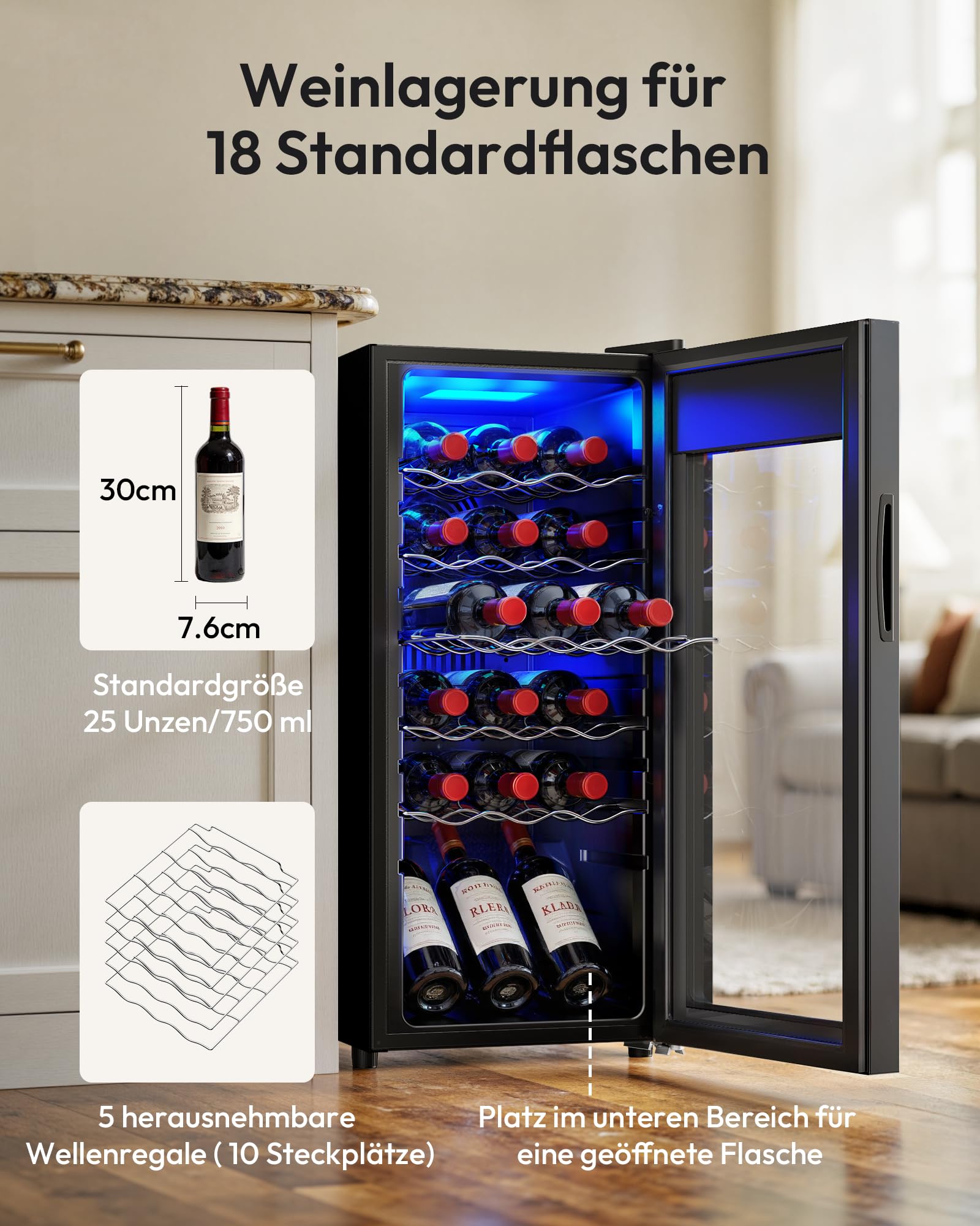 EUHOMY 45L Weinkühlschrank 18 Flaschen Freistehender Glastür Digitaler Temperaturregelung Schloss