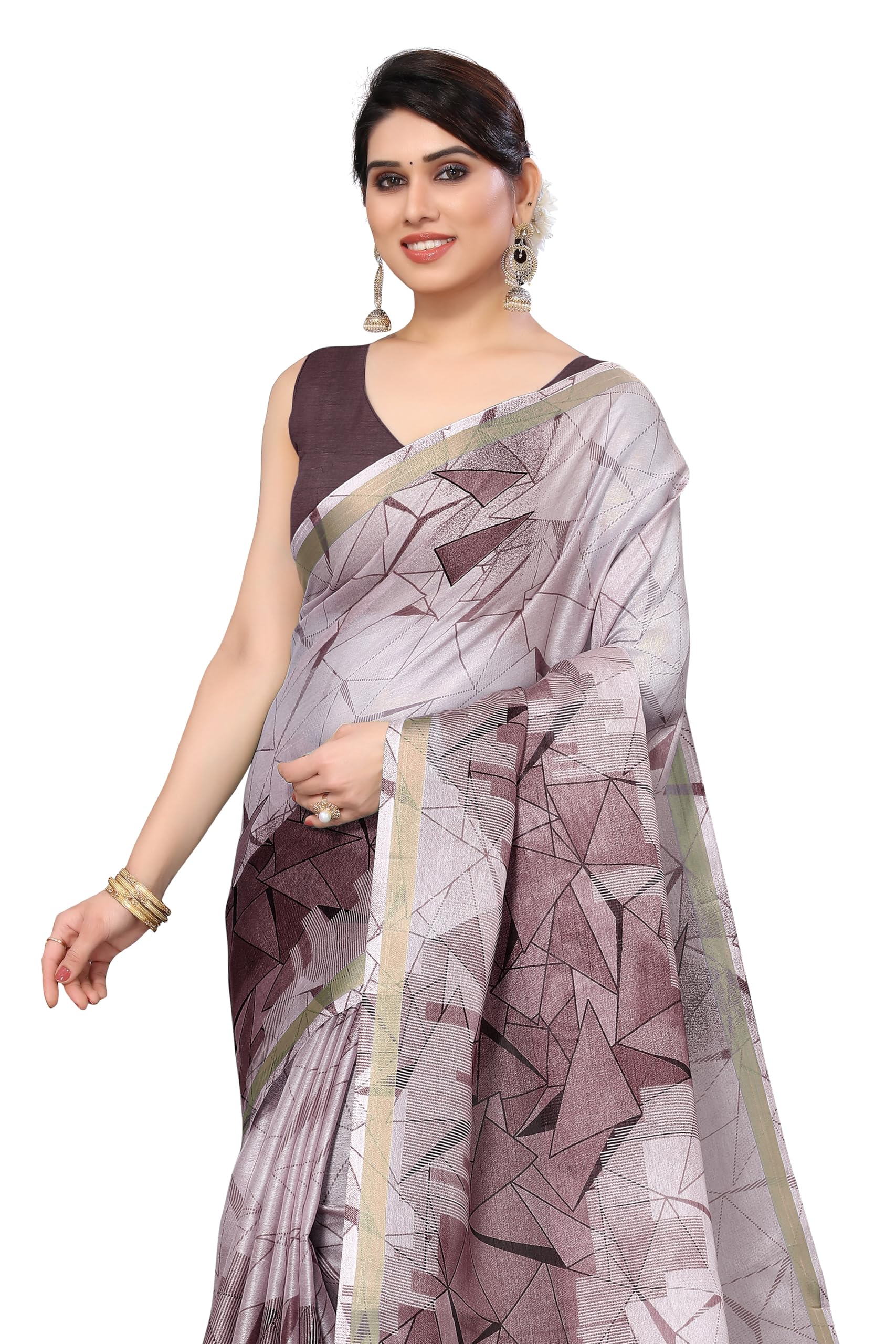 Women Cotton Blend Geometric Printed Saree with Blouse Piece (38022-Light Wine, Dark Wine)