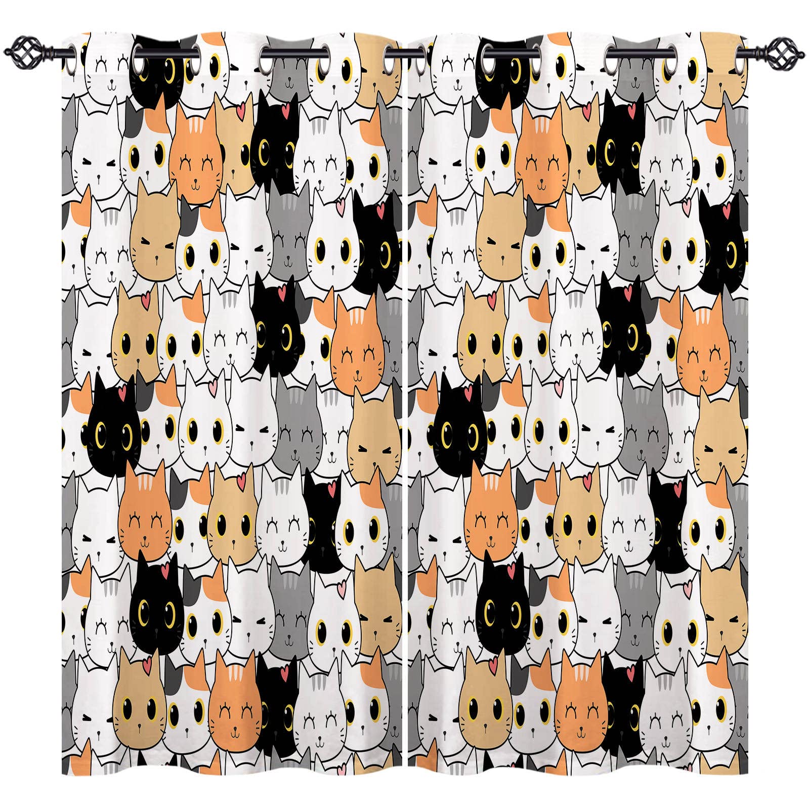 ANHOPE Cat Curtains Eyelet Soft Thermal Insulated Blackout Curtains Doodle Style Animal Cat Kitten Head Print Pattern Ring Top Window Drapes for Kids Bedroom Living Room 46 x 63 Inch Drop 2 Panels โ image 1