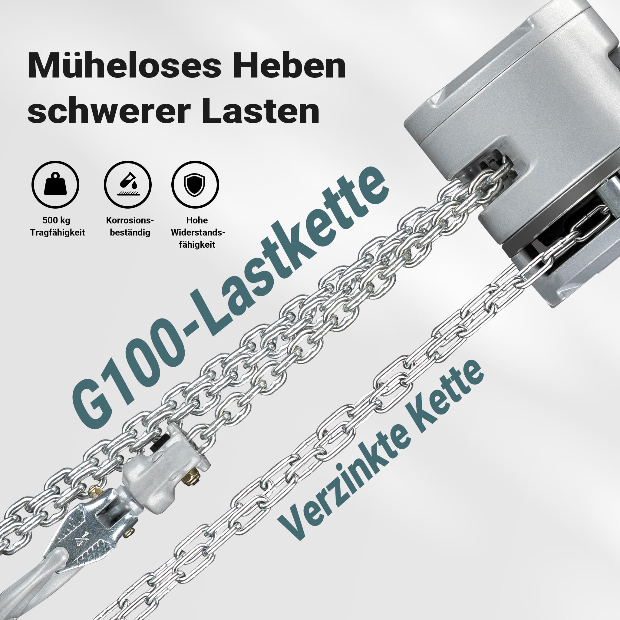 Wiltec Alu Kettenzug bis 500 kg, robuster Handkettenzug 3 m Hubhöhe, Tragmittel mit G100-Lastkette, Hebezeug manuell aus Aluminium, hochbelastbares Hebemittel