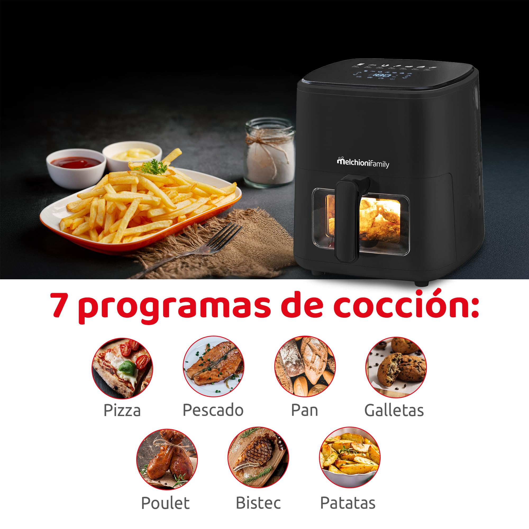 Melchioni Family | Marianna New, freidora de aire 5L, compacta, pantalla táctil, 7 programas, antiadherente, temporizador 60 min, temperatura 80 °-200 °C, control de cocción sin abrir la puerta