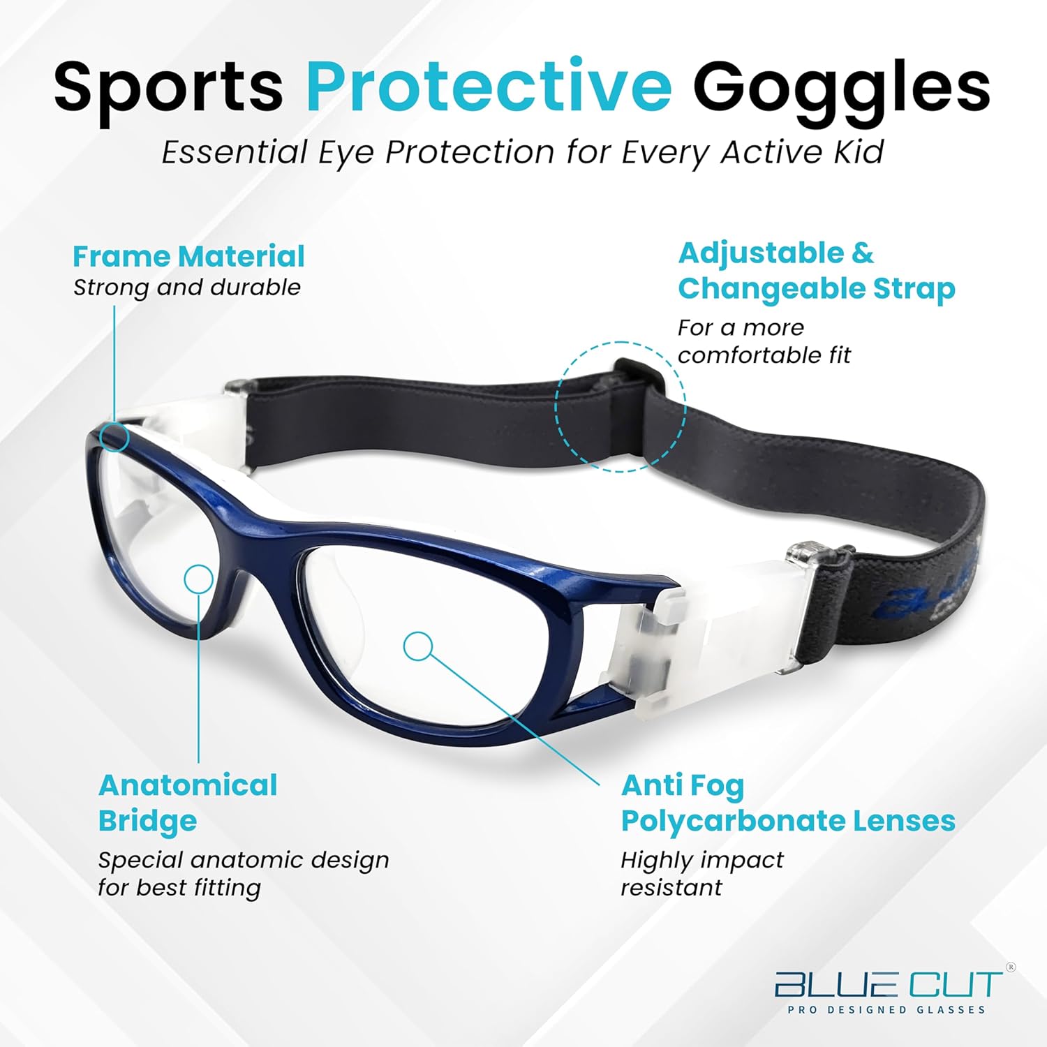 BLUE CUT Safety Basketball Goggles For Kids for Outdoor Sports Soccer Football Anti Fog Replaceable to Prescription Lenses