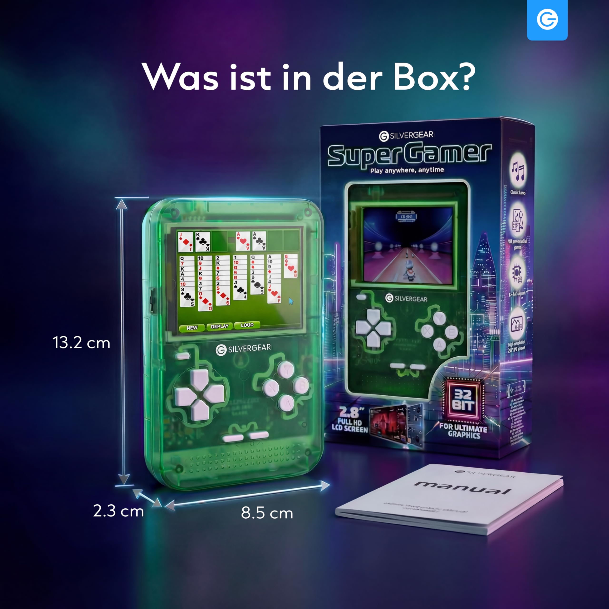 Silvergear® Retro Spielkonsole 32-bit | Handheld Konsole mit 150 Spielen | Tragbare Arcade Konsole | 2.8 Zoll LCD Bildschirm | Retro Games & Klassische Spiele | Kinder Spielkonsole | Grün
