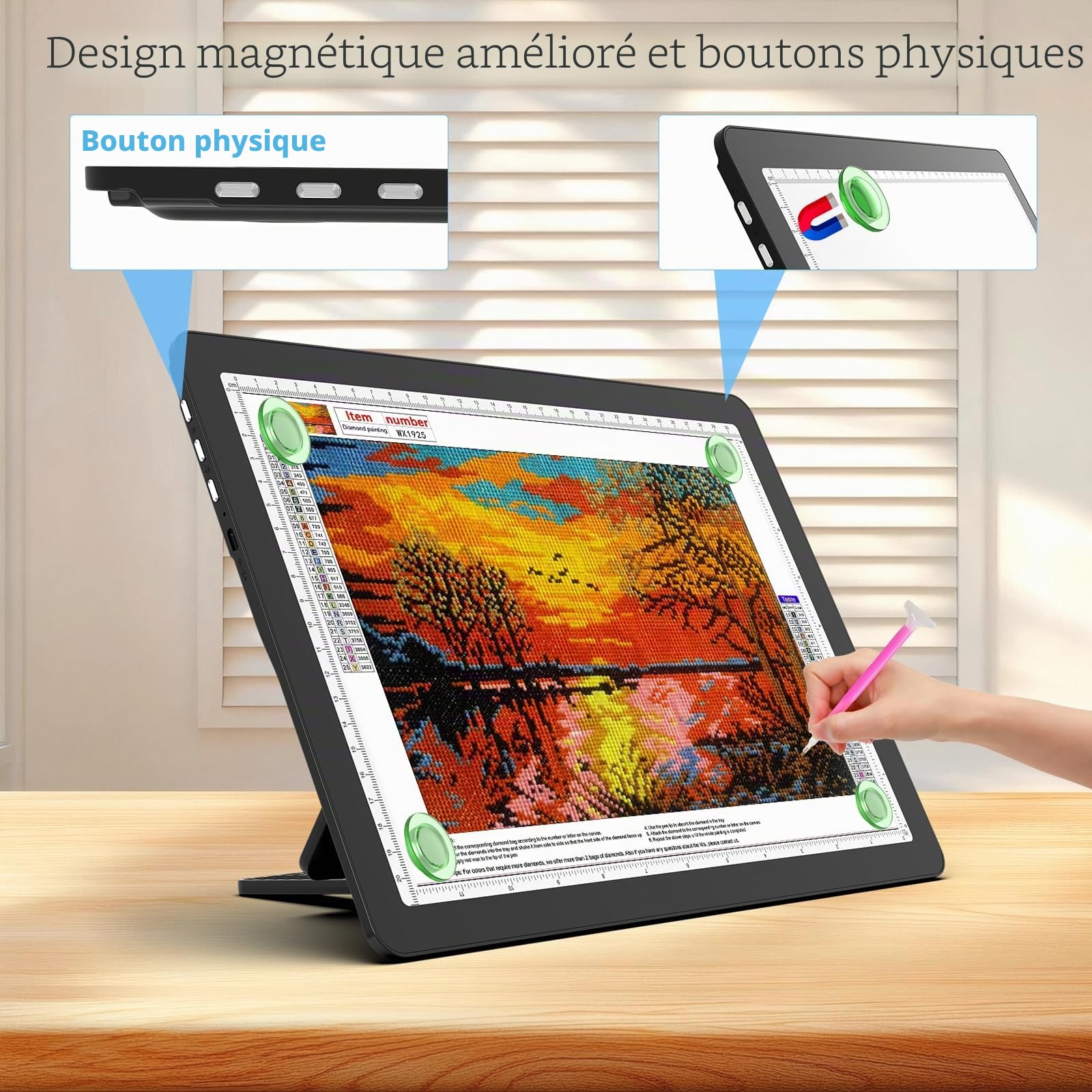 TOHETO A4 rechargeable Tableau lumineux avec support, bloc lumineux magnétique super lumineux avec boutons latéraux, boîte à lumière sans fil pour le traçage et le dessin, croquis, peinture diamant